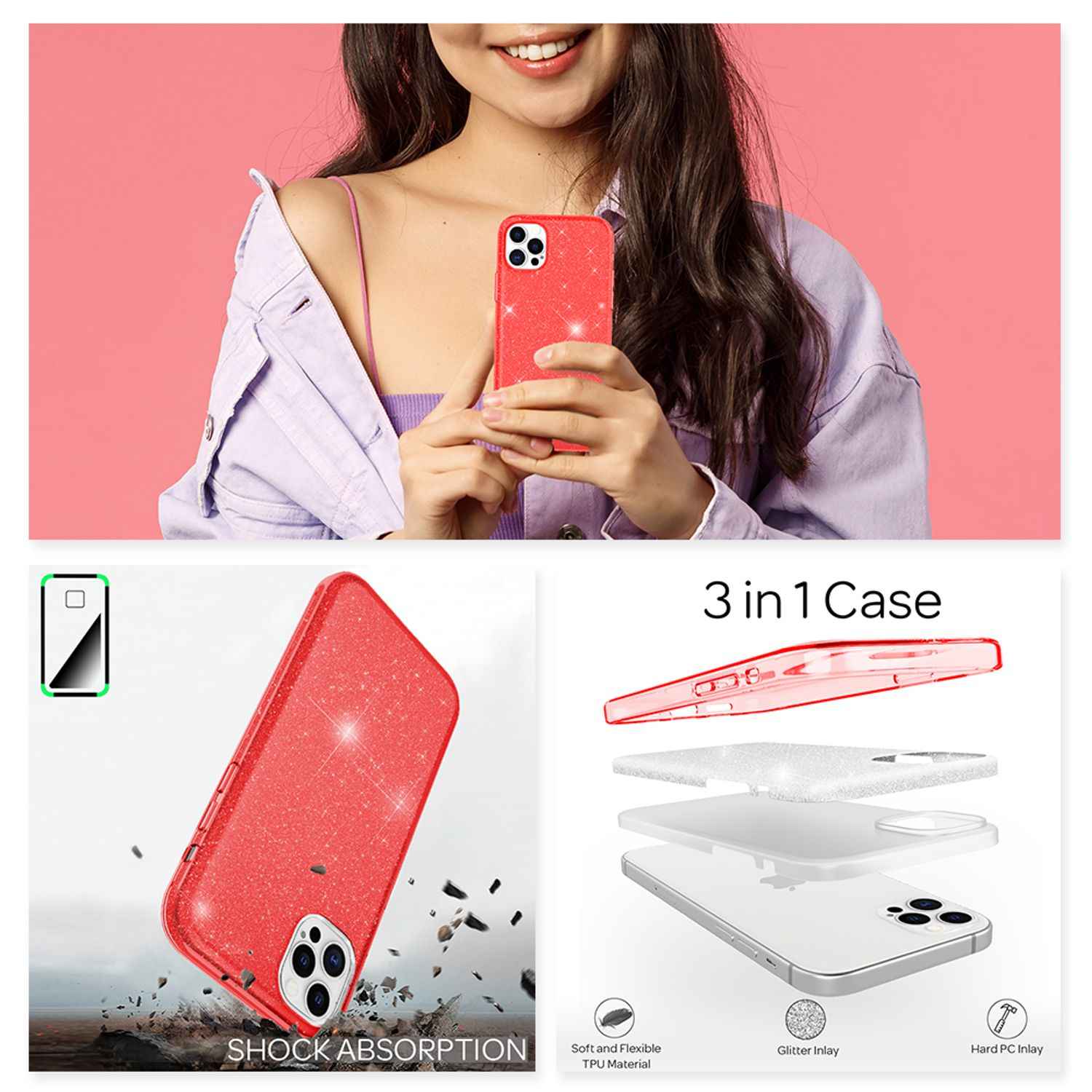 NALIA Glitzer Handy Hülle für iPhone 12 Pro Max, Bling Case Glitter Cover Bumper