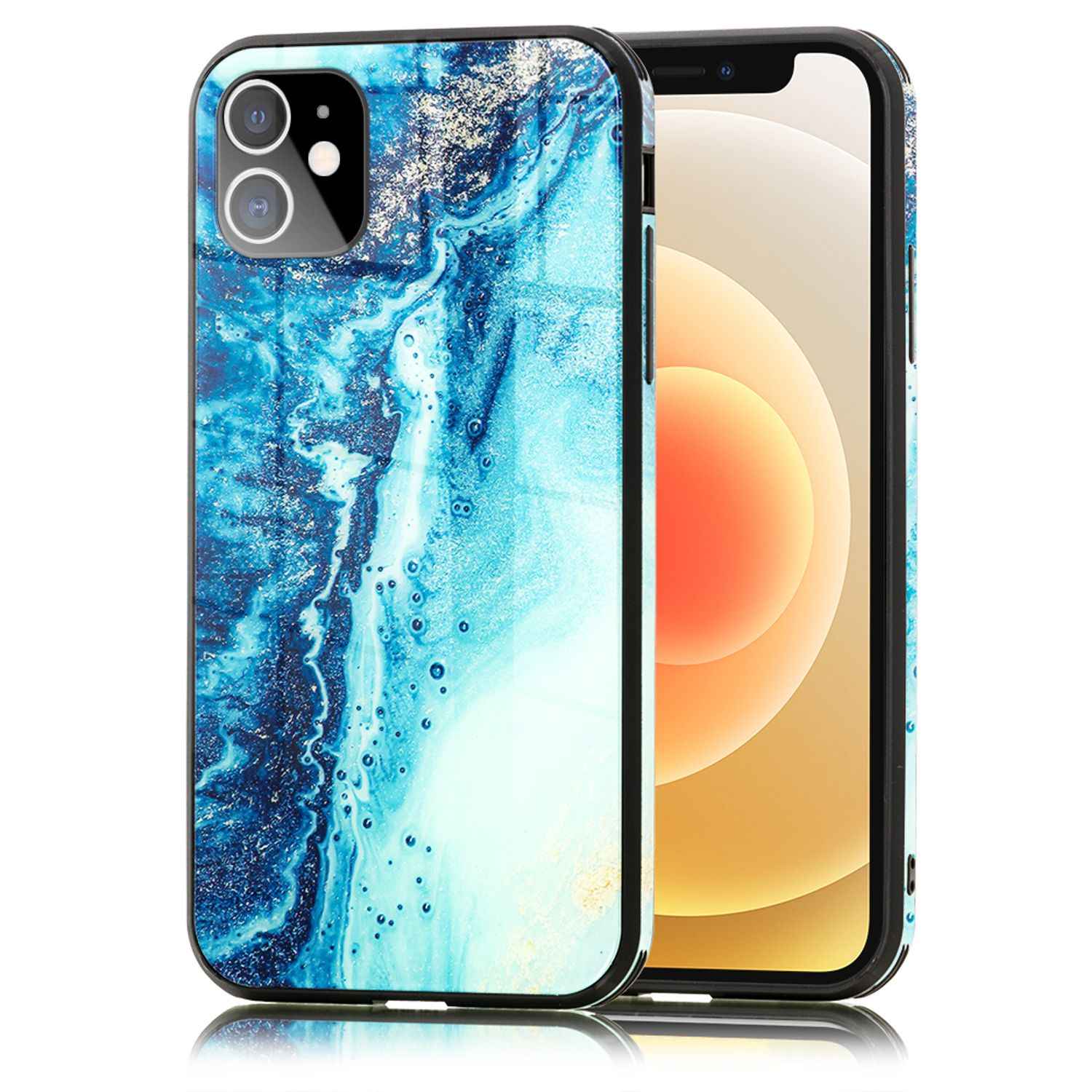 NALIA Marmor Case für iPhone 12 mini, 9H Glas Cover Handy Hülle Schutz Kratzfest