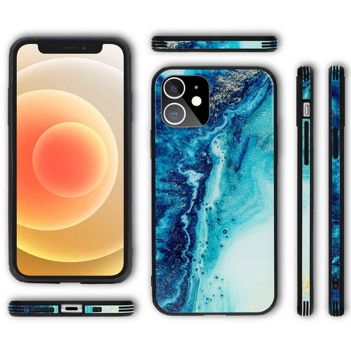 NALIA Marmor Case für iPhone 12 mini, 9H Glas Cover Handy Hülle Schutz Kratzfest