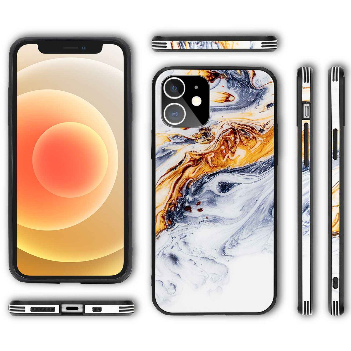 NALIA Marmor Case für iPhone 12 mini, 9H Glas Cover Handy Hülle Schutz Kratzfest