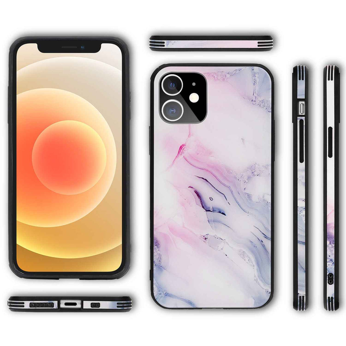 NALIA Marmor Case für iPhone 12 mini, 9H Glas Cover Handy Hülle Schutz Kratzfest