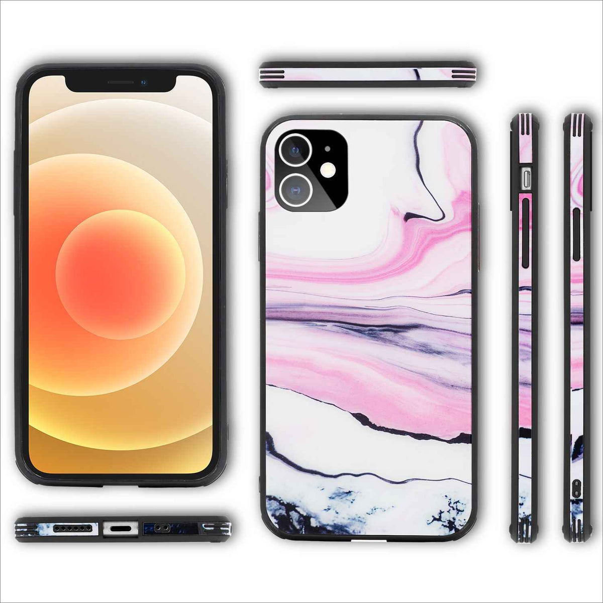 NALIA Marmor Case für iPhone 12 mini, 9H Glas Cover Handy Hülle Schutz Kratzfest