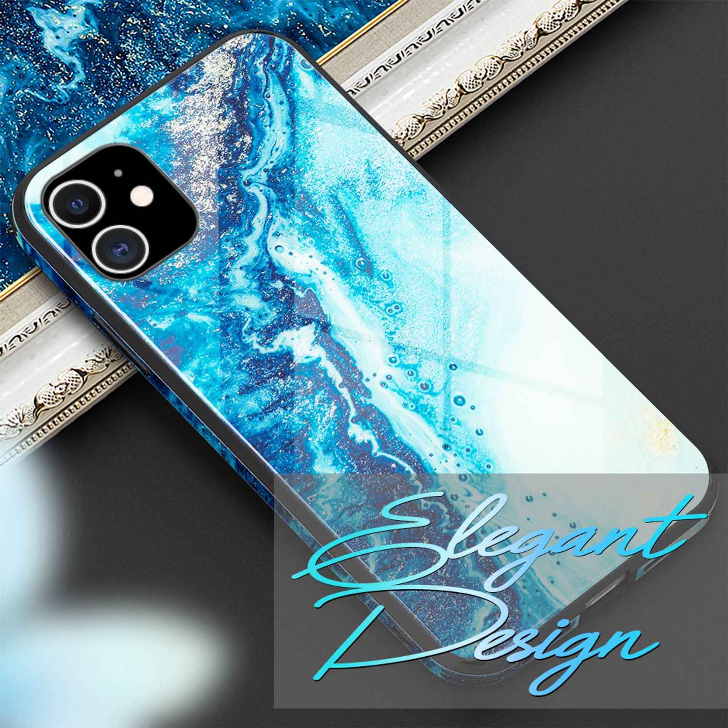 NALIA Marmor Case für iPhone 12 mini, 9H Glas Cover Handy Hülle Schutz Kratzfest