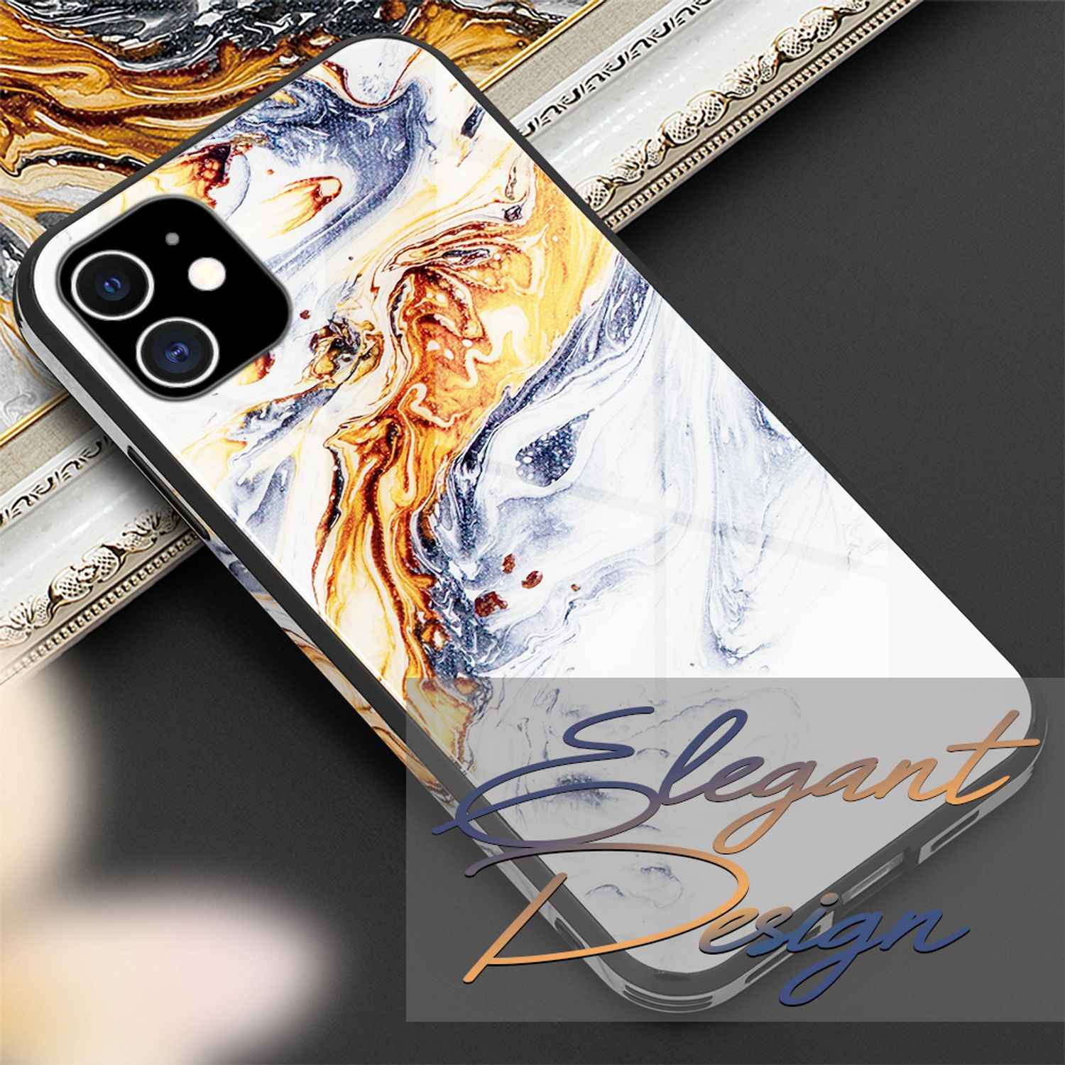 NALIA Marmor Case für iPhone 12 mini, 9H Glas Cover Handy Hülle Schutz Kratzfest