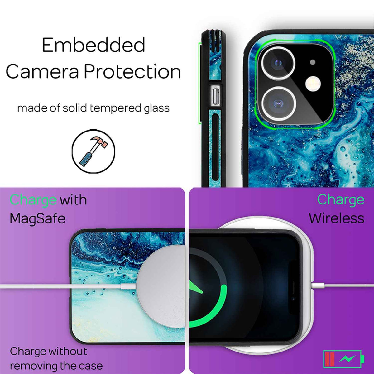 NALIA Marmor Case für iPhone 12 mini, 9H Glas Cover Handy Hülle Schutz Kratzfest