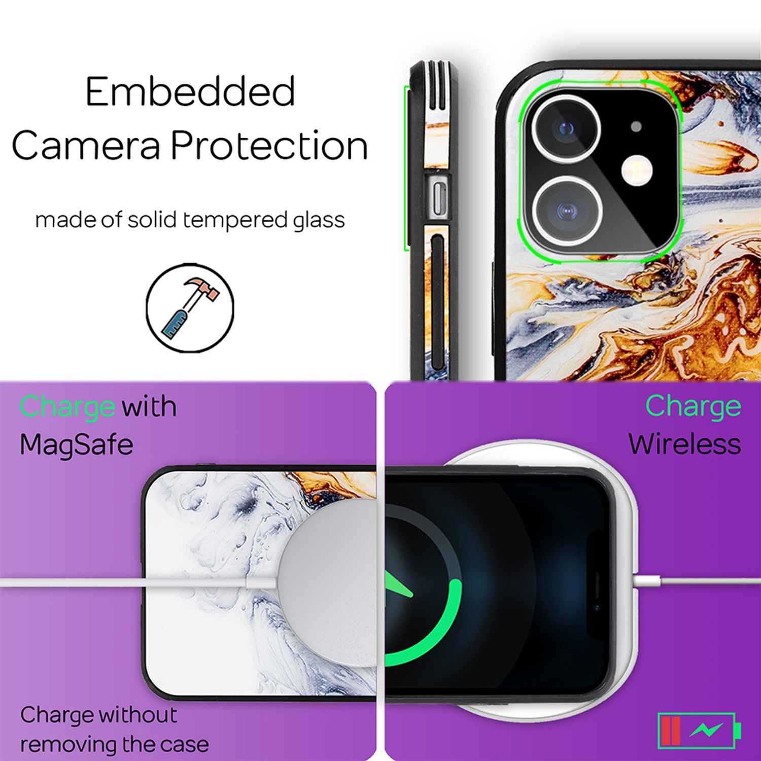 NALIA Marmor Case für iPhone 12 mini, 9H Glas Cover Handy Hülle Schutz Kratzfest