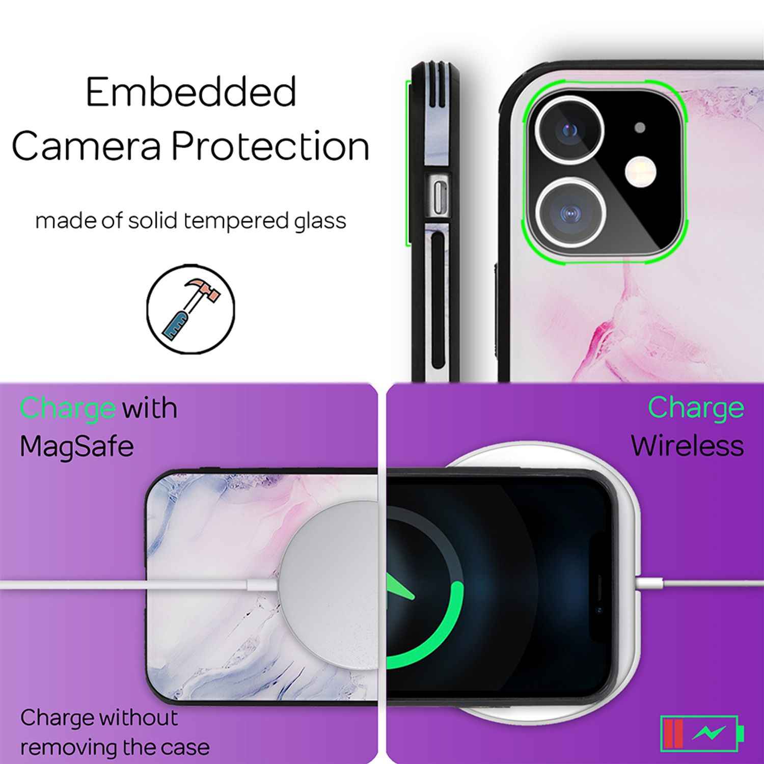 NALIA Marmor Case für iPhone 12 mini, 9H Glas Cover Handy Hülle Schutz Kratzfest