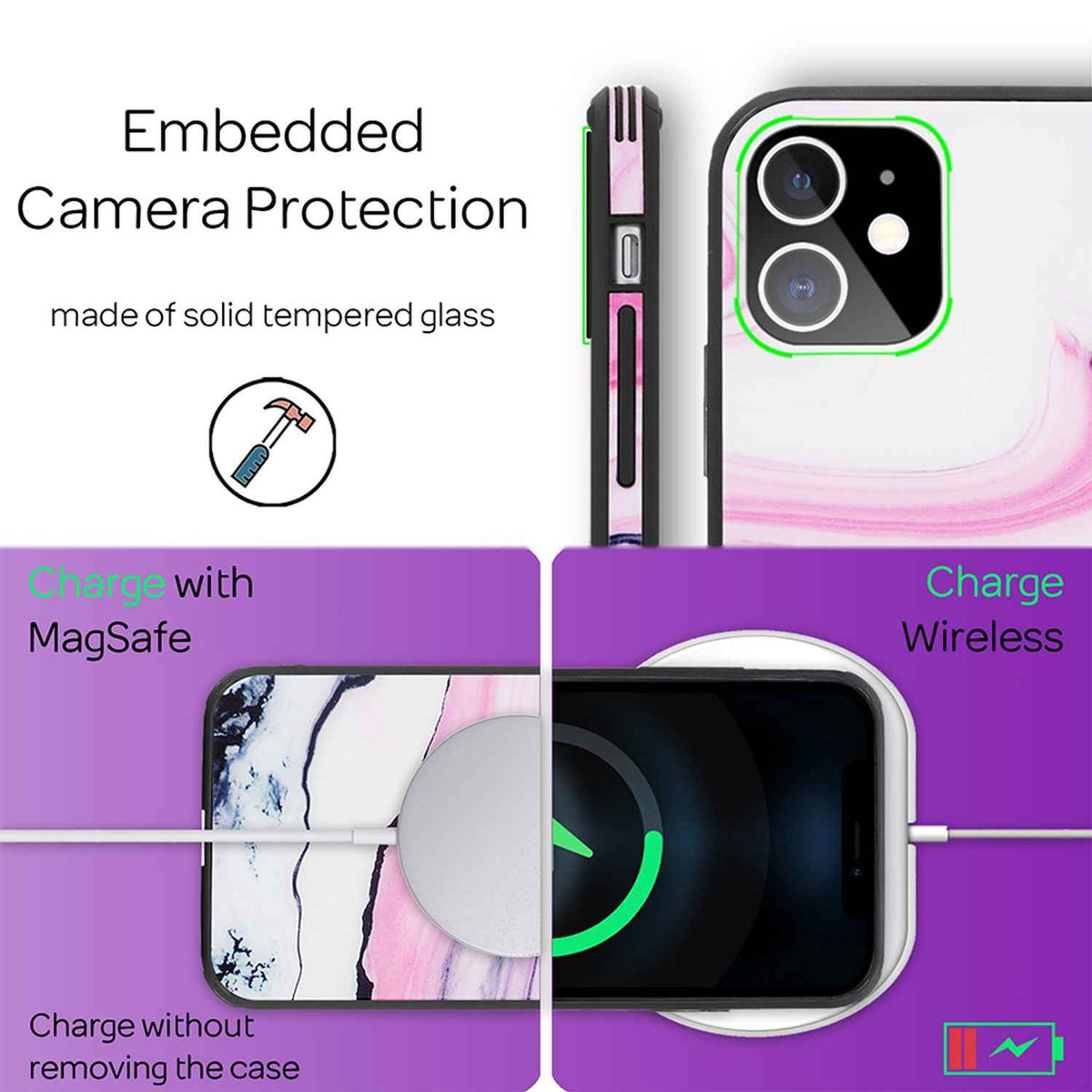 NALIA Marmor Case für iPhone 12 mini, 9H Glas Cover Handy Hülle Schutz Kratzfest