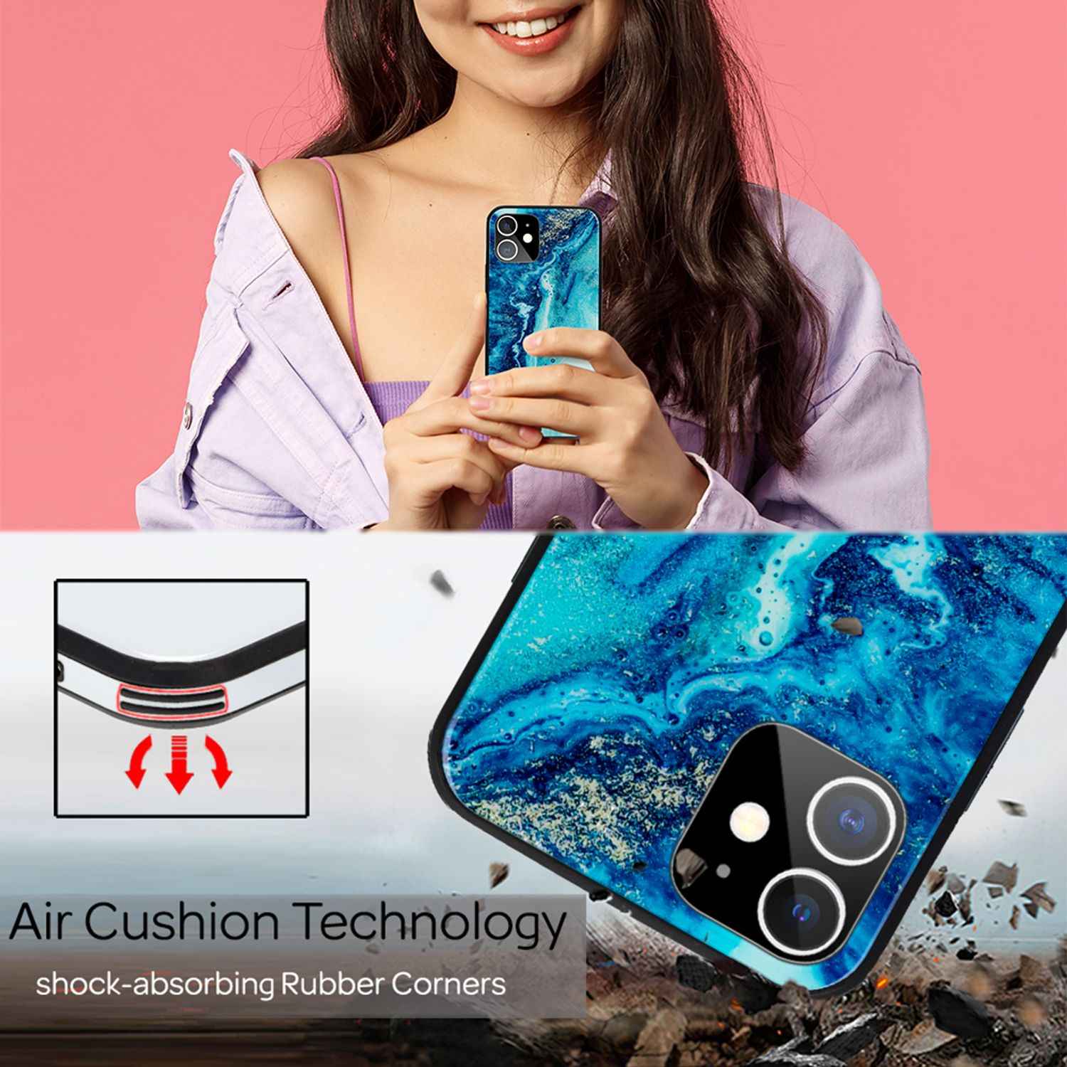 NALIA Marmor Case für iPhone 12 mini, 9H Glas Cover Handy Hülle Schutz Kratzfest