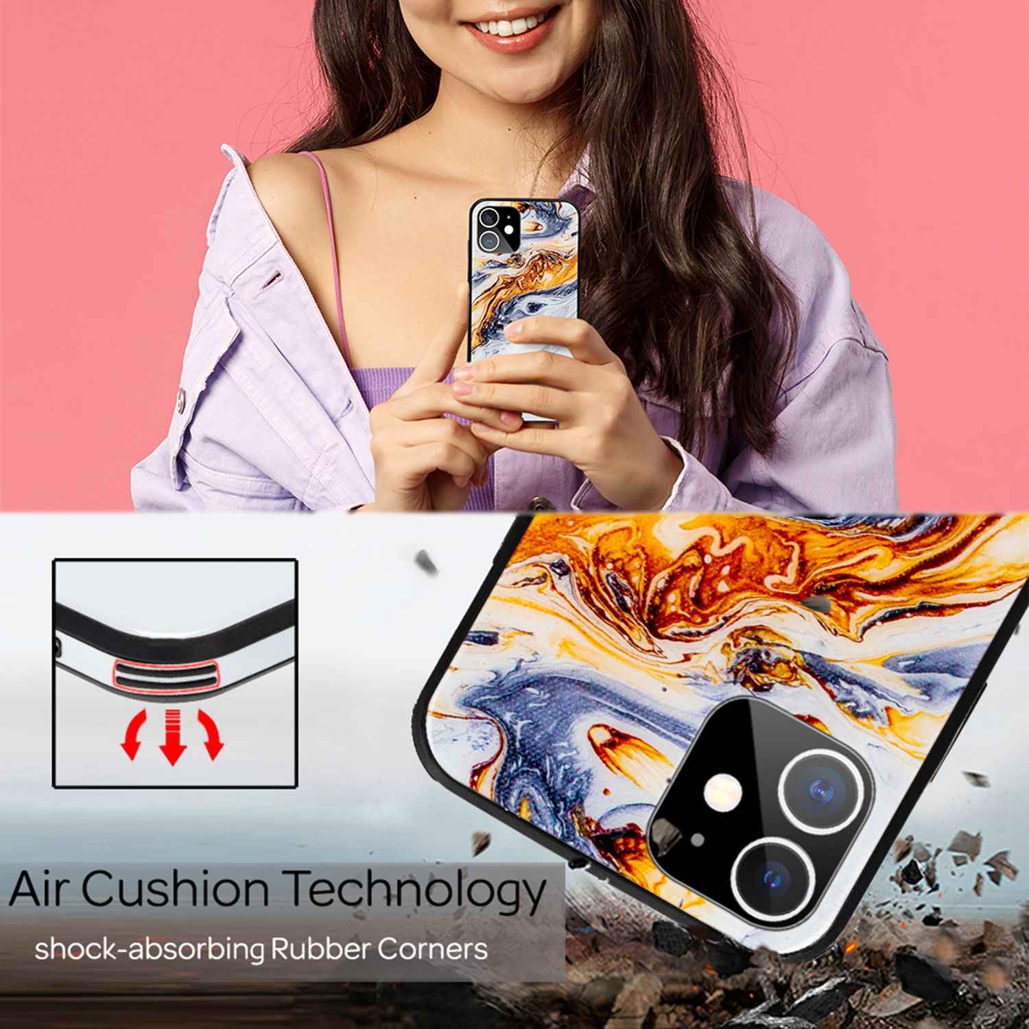 NALIA Marmor Case für iPhone 12 mini, 9H Glas Cover Handy Hülle Schutz Kratzfest