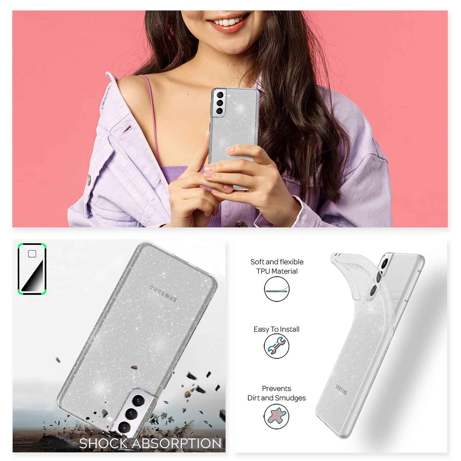 NALIA Glitzer Handy Hülle für Samsung Galaxy S21 Plus, Glitzer Handyhülle Cover Schutz