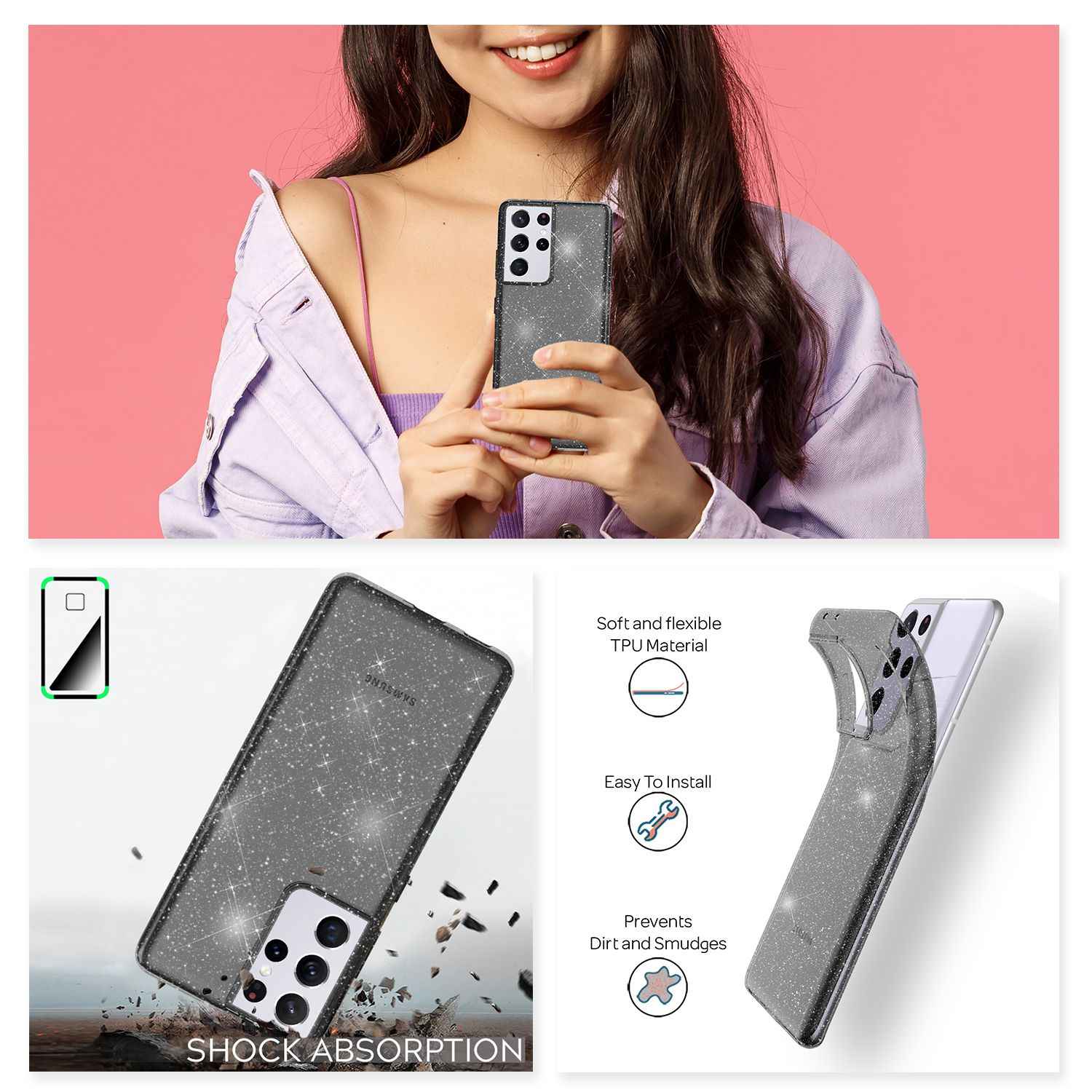 NALIA Glitzer Handy Hülle für Samsung Galaxy S21 Ultra, Case Cover Schutz Etui