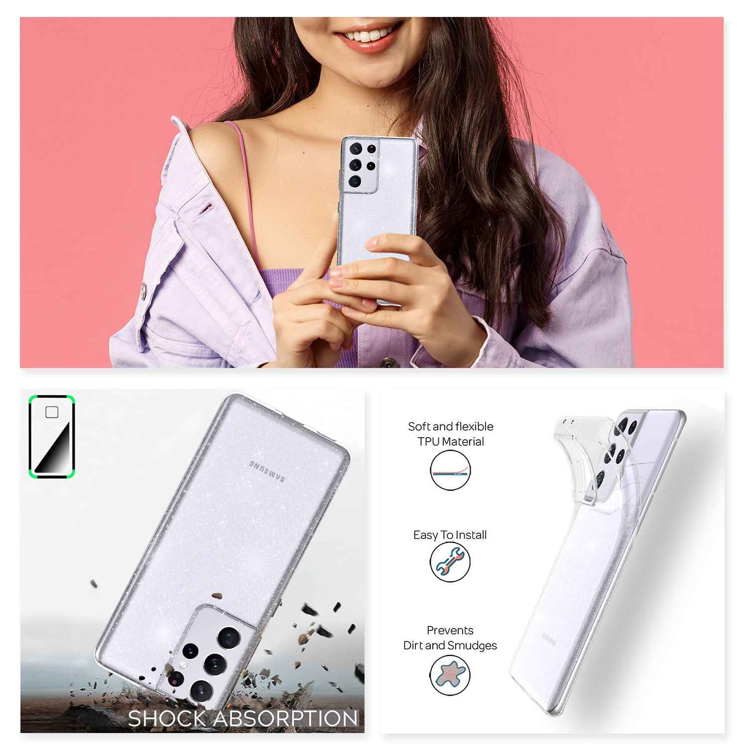 NALIA Glitzer Handy Hülle für Samsung Galaxy S21 Ultra, Case Cover Schutz Etui