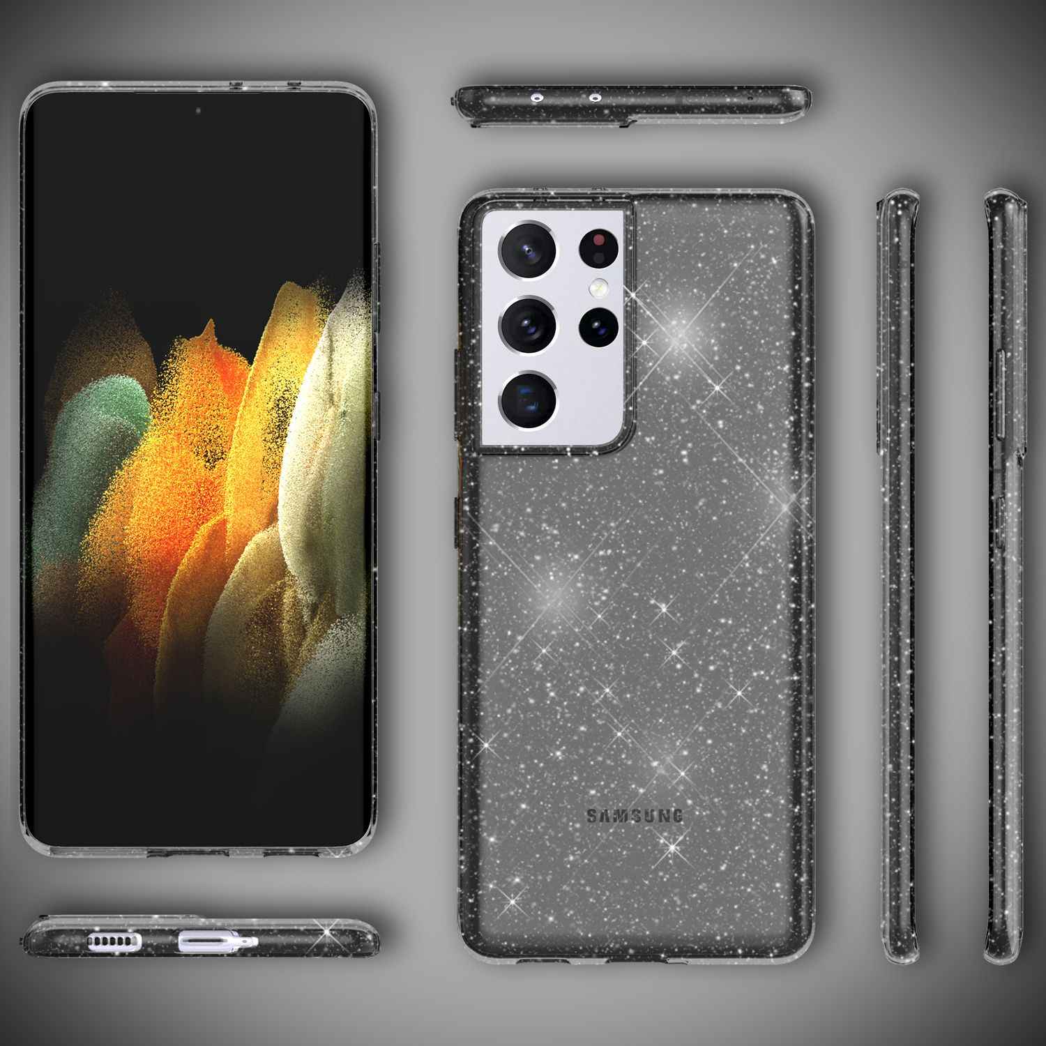 NALIA Glitzer Handy Hülle für Samsung Galaxy S21 Ultra, Case Cover Schutz Etui