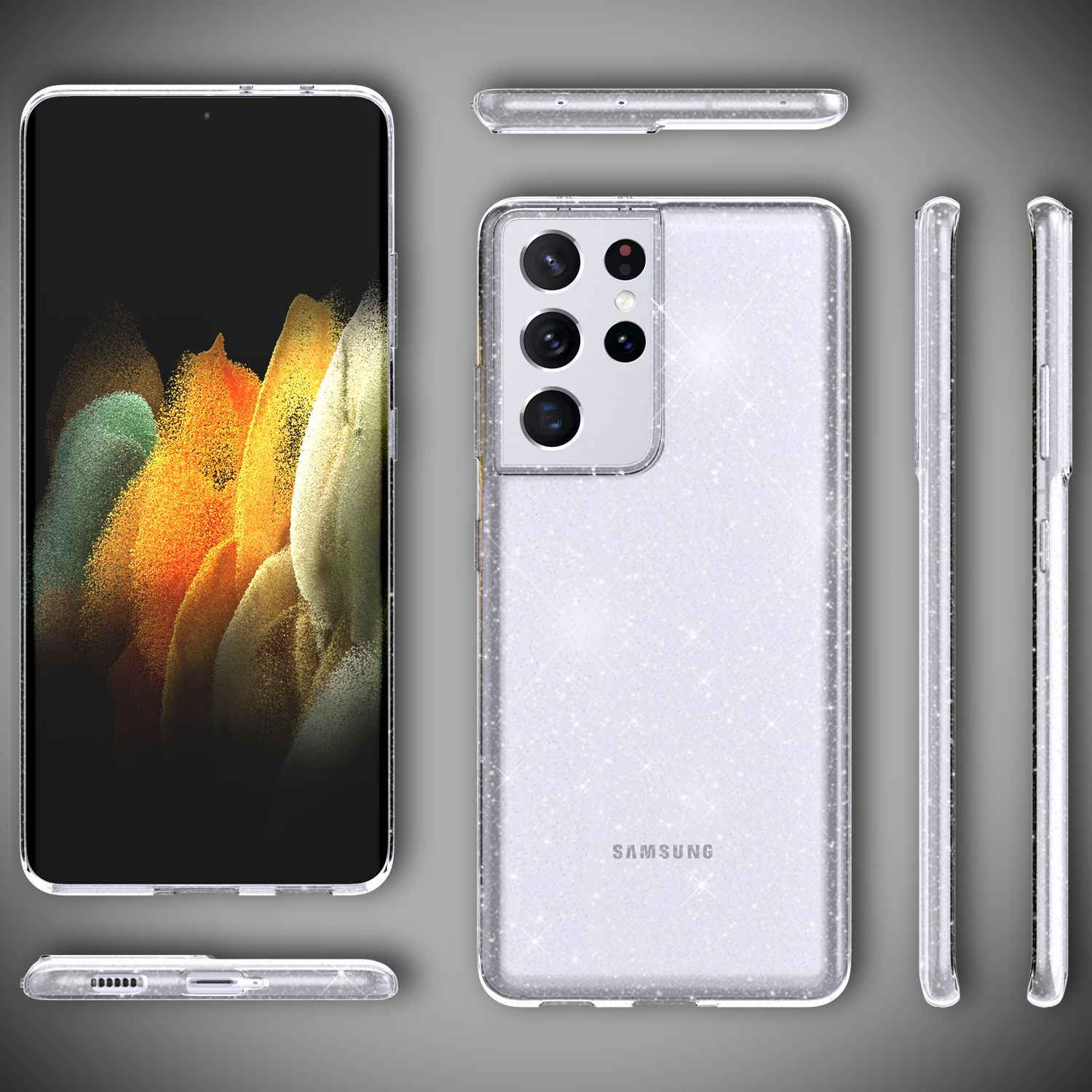 NALIA Glitzer Handy Hülle für Samsung Galaxy S21 Ultra, Case Cover Schutz Etui