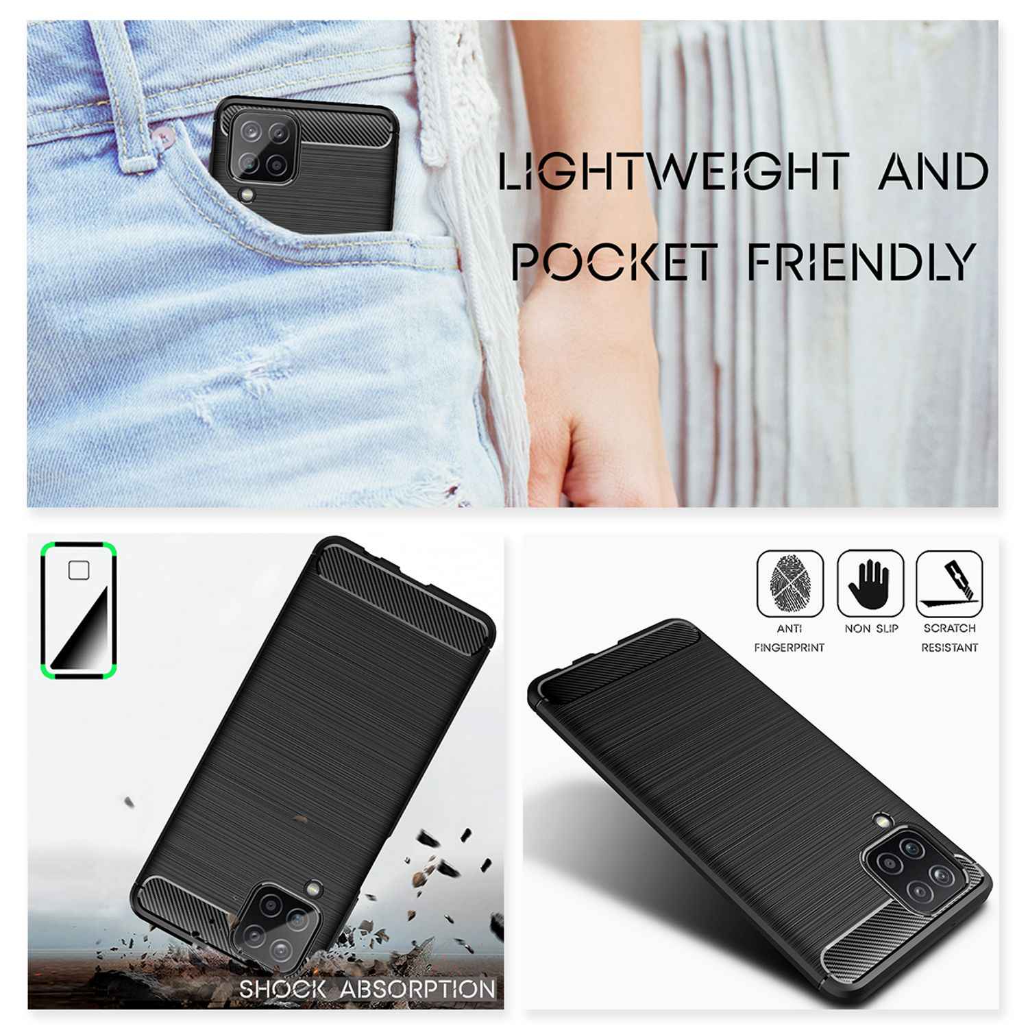 NALIA Design Handy Hülle für Samsung Galaxy A12, Carbon Look Case Cover Bumper