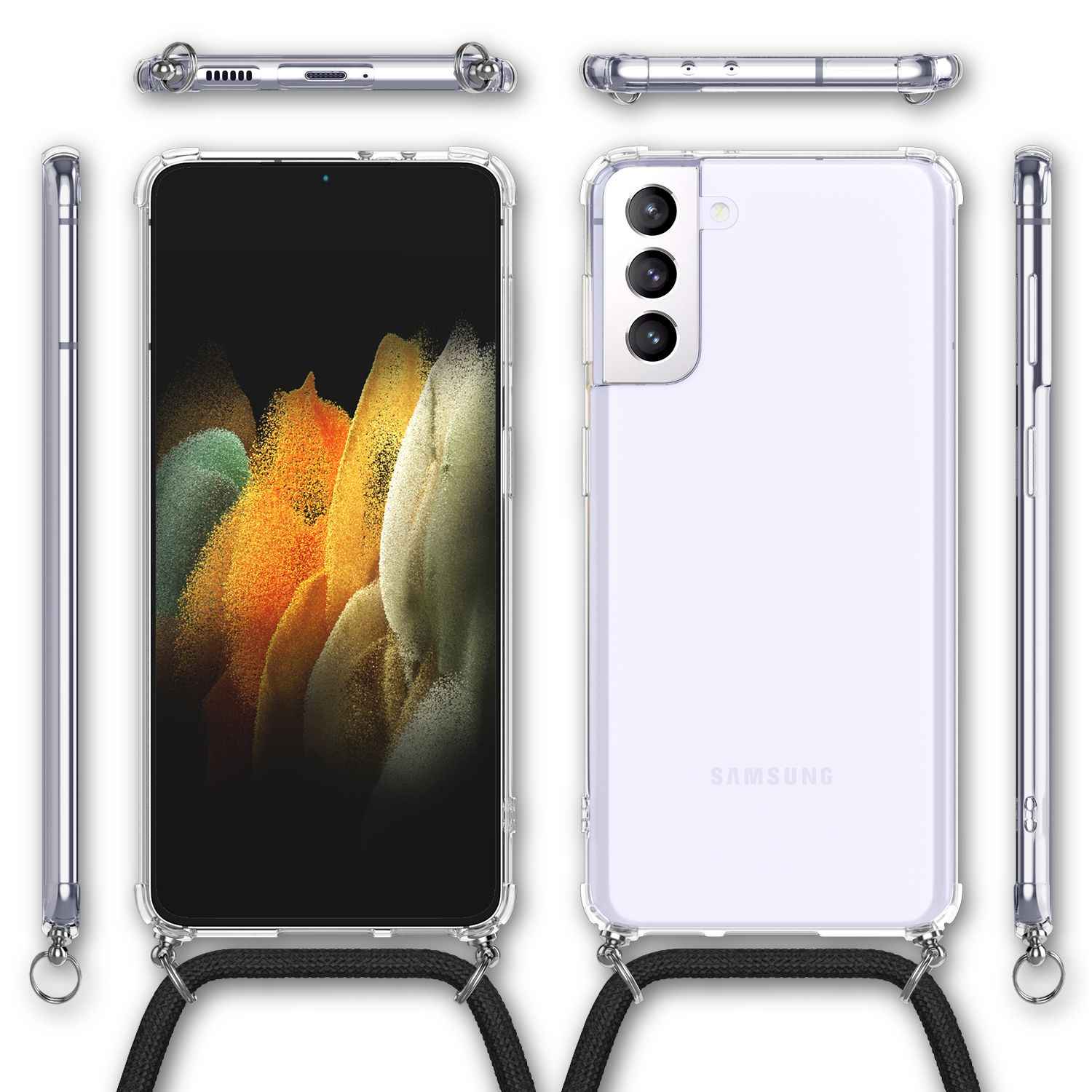 NALIA Klare Handy Hülle mit Kette für Samsung Galaxy S21 Plus, Band Case Cover