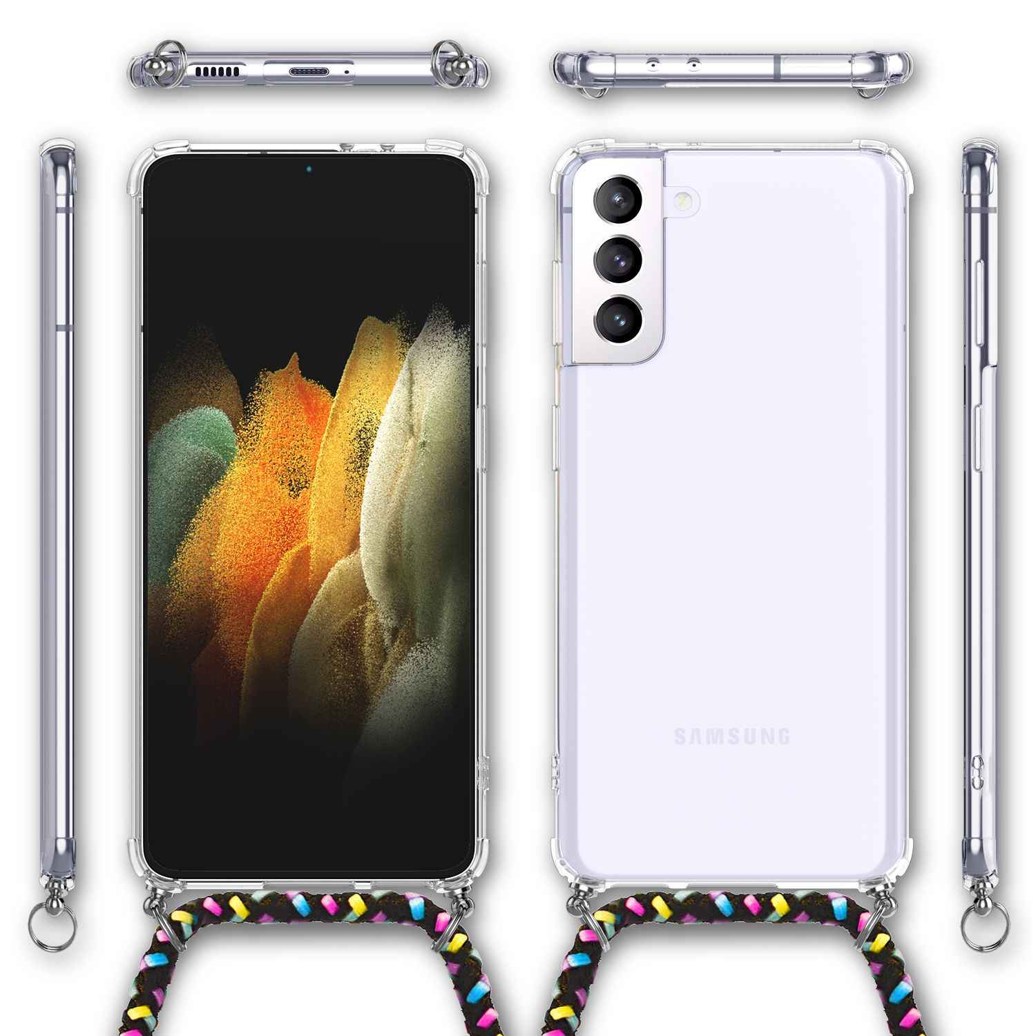 NALIA Klare Handy Hülle mit Kette für Samsung Galaxy S21 Plus, Band Case Cover