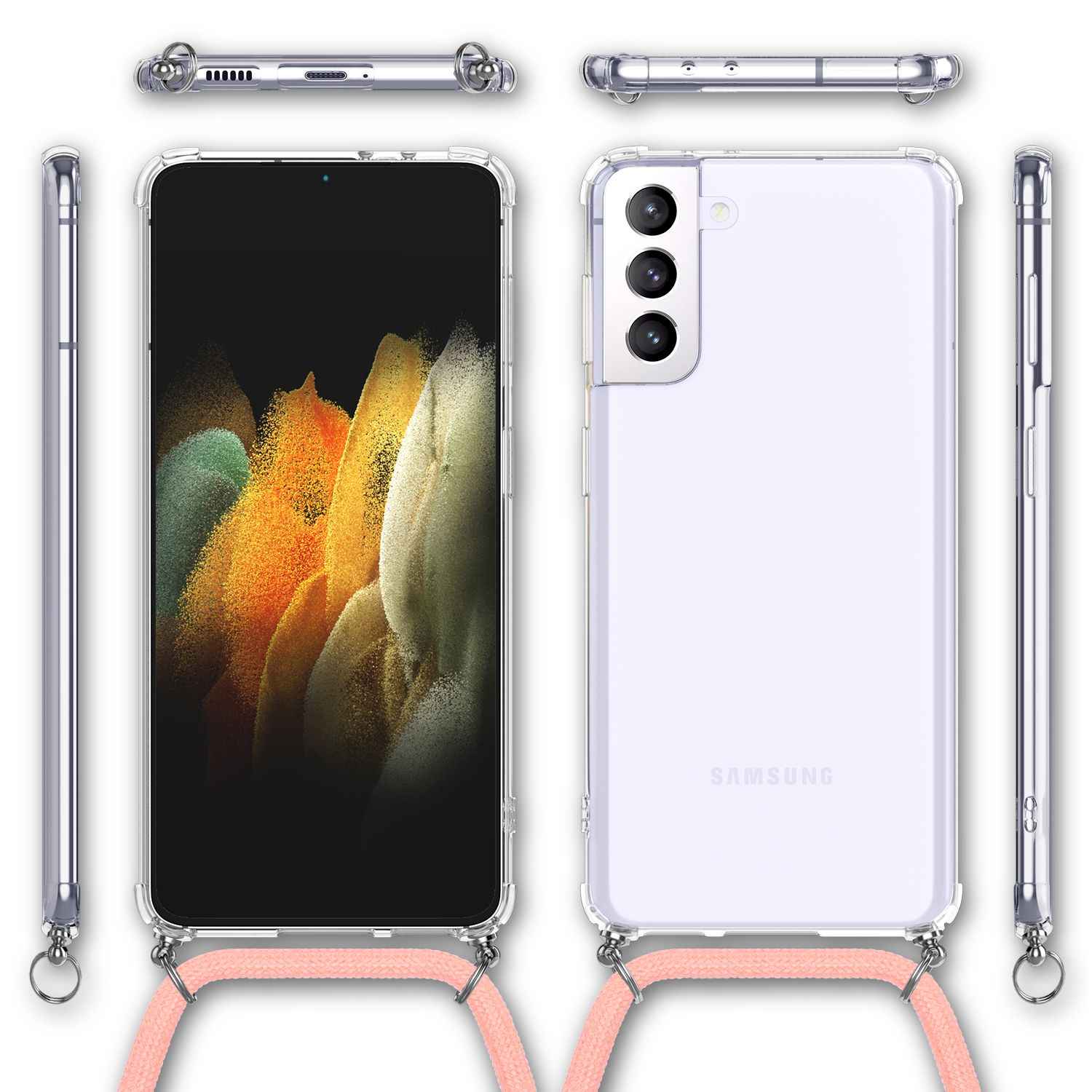 NALIA Klare Handy Hülle mit Kette für Samsung Galaxy S21 Plus, Band Case Cover