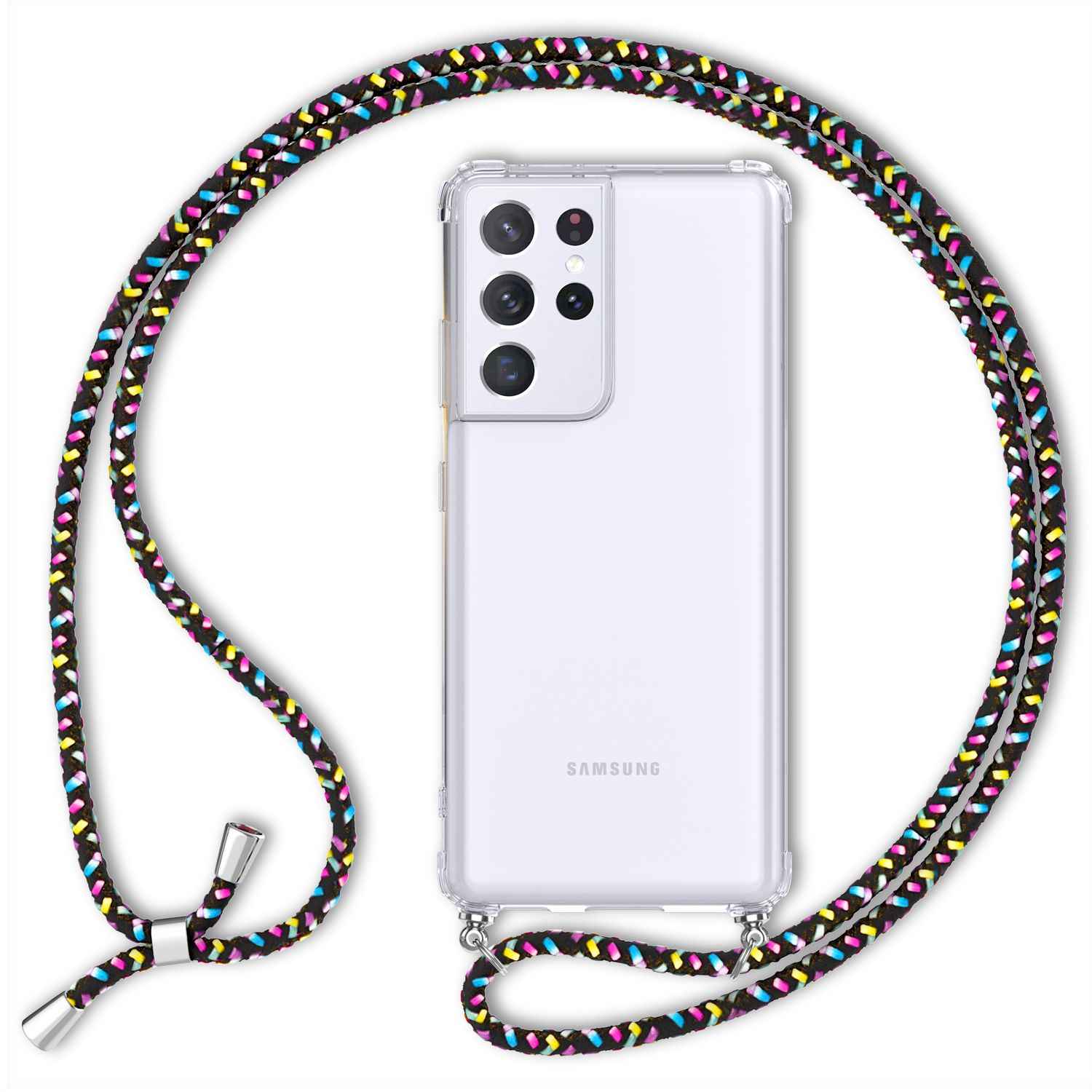 NALIA Klare Handy Hülle mit Kette für Samsung Galaxy S21 Ultra, Band Case Cover
