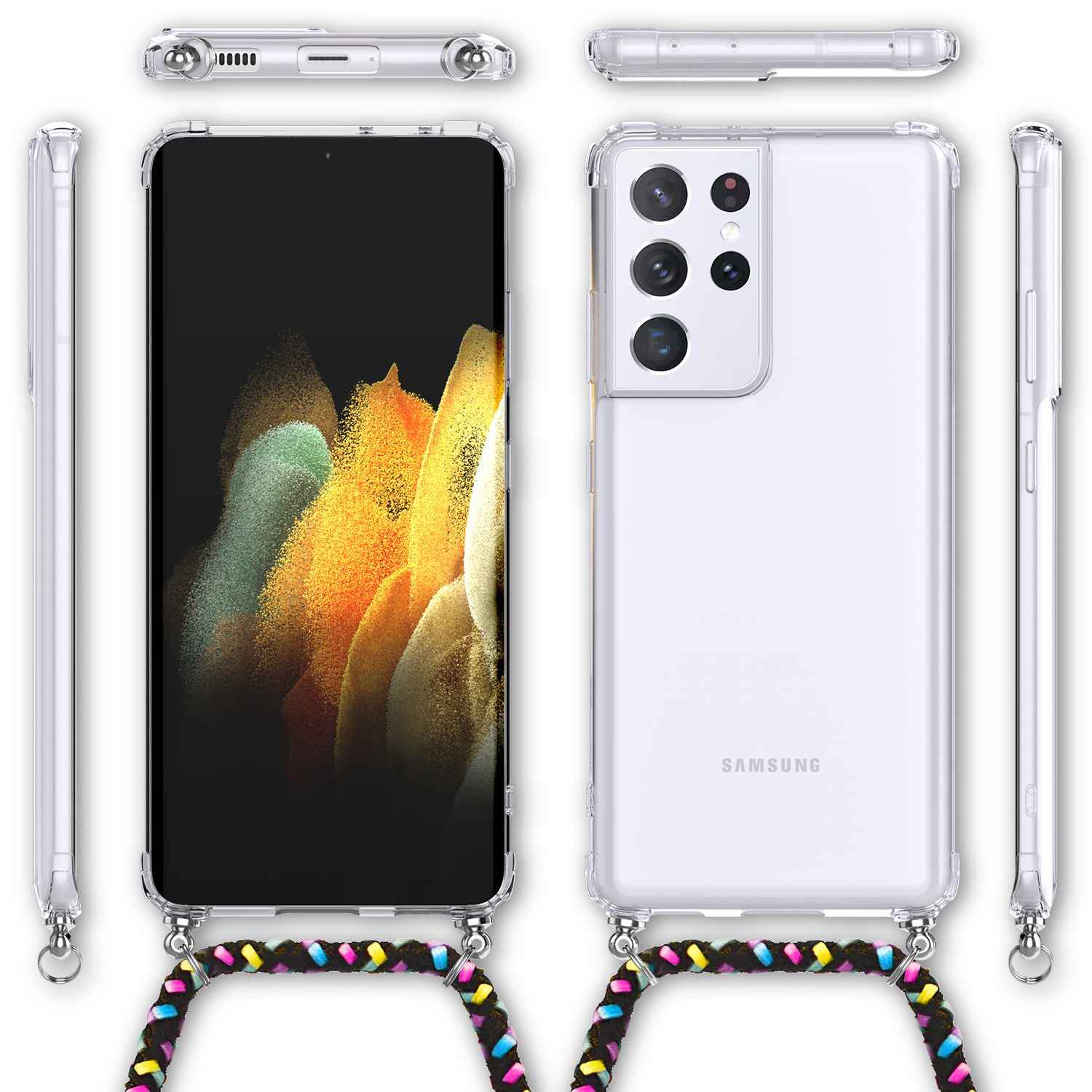 NALIA Klare Handy Hülle mit Kette für Samsung Galaxy S21 Ultra, Band Case Cover