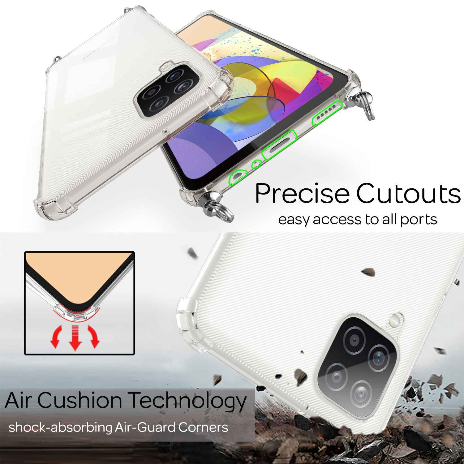 NALIA Klare Handy Hülle mit Kette für Samsung Galaxy A12, Band Case Schnur Cover