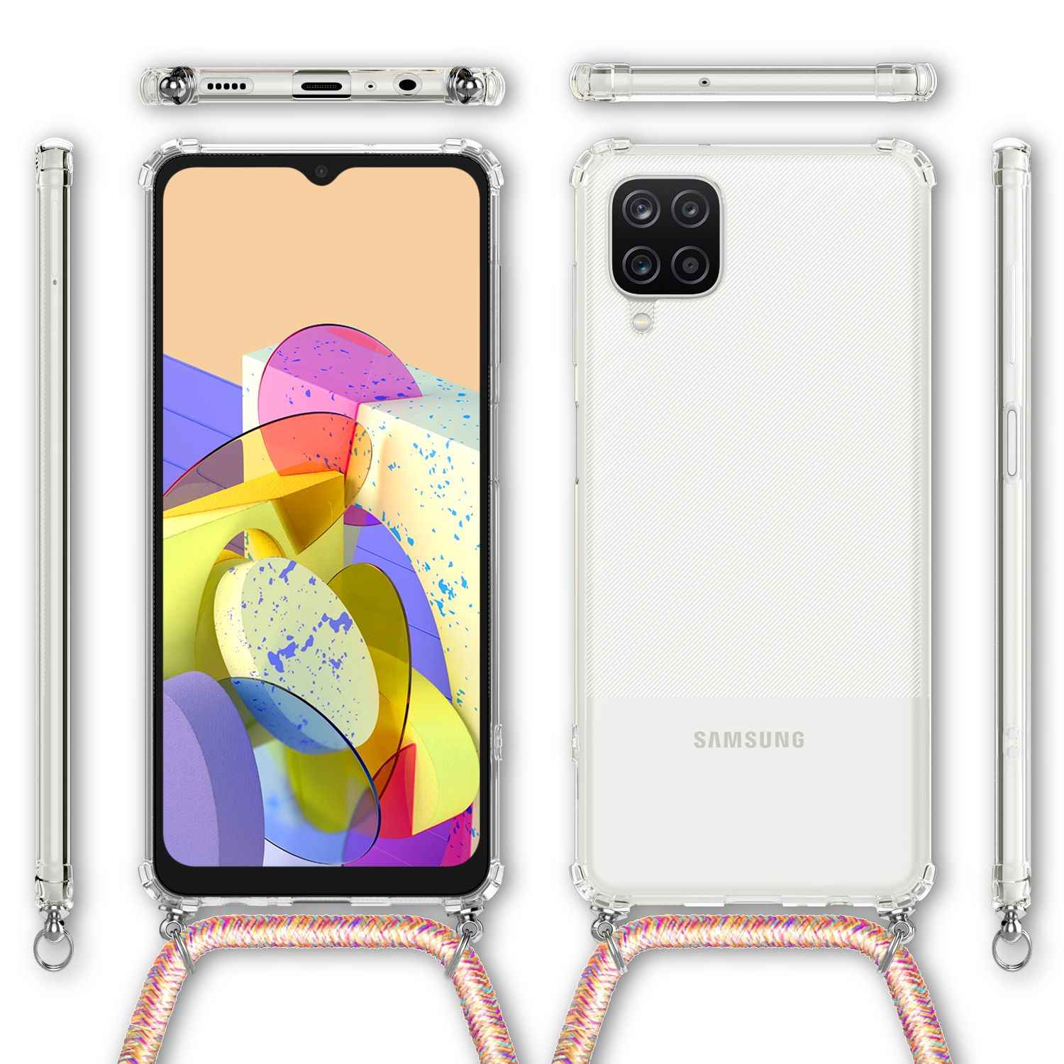 NALIA Klare Handy Hülle mit Kette für Samsung Galaxy A12, Band Case Schnur Cover