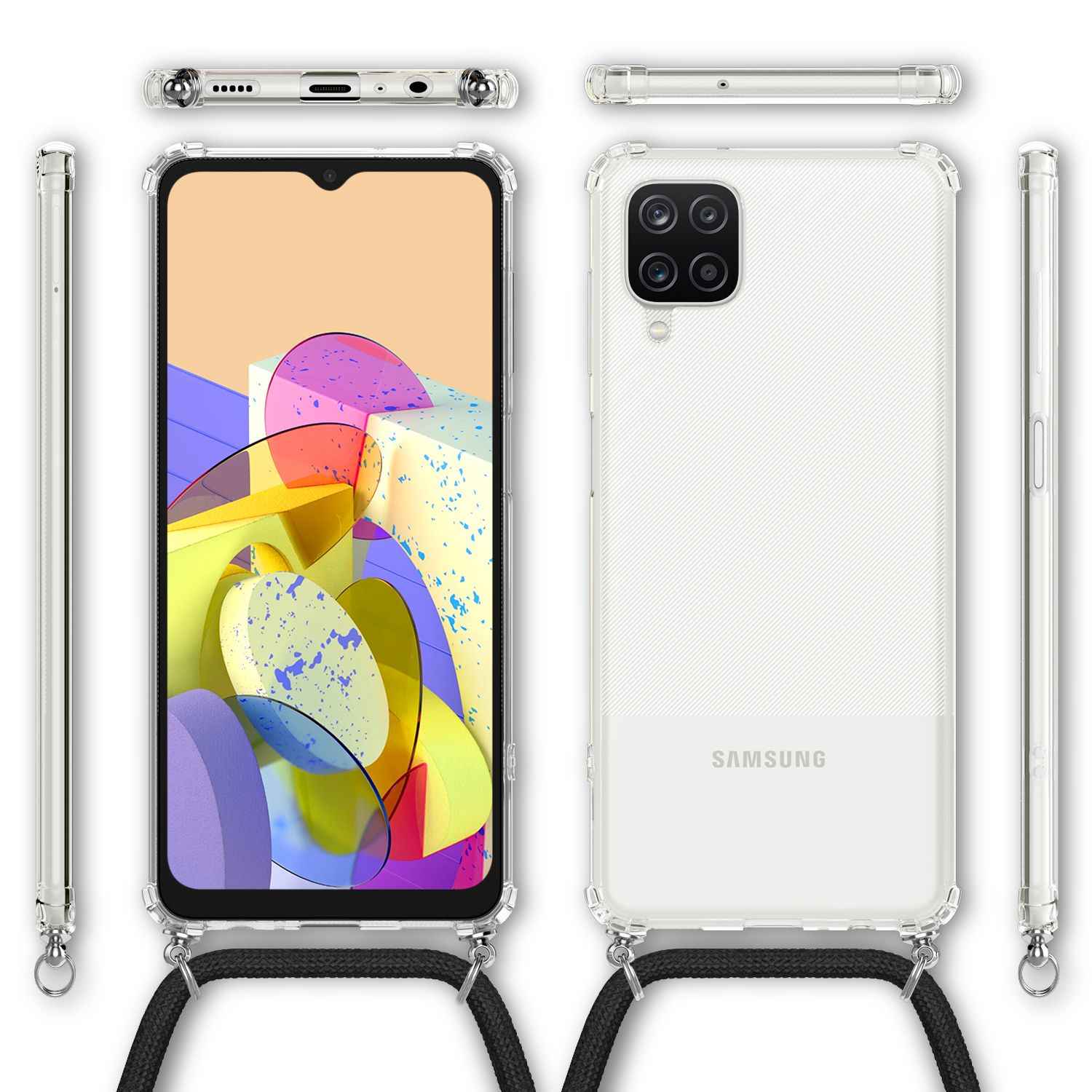 NALIA Klare Handy Hülle mit Kette für Samsung Galaxy A12, Band Case Schnur Cover