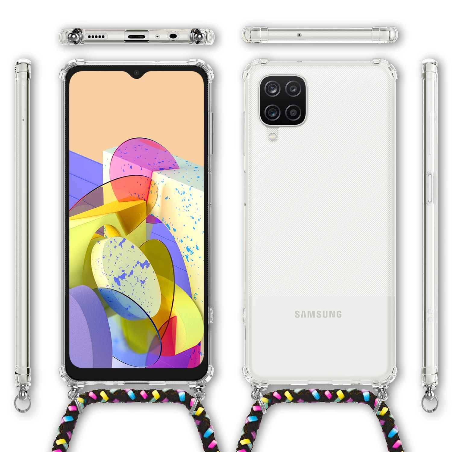 NALIA Klare Handy Hülle mit Kette für Samsung Galaxy A12, Band Case Schnur Cover