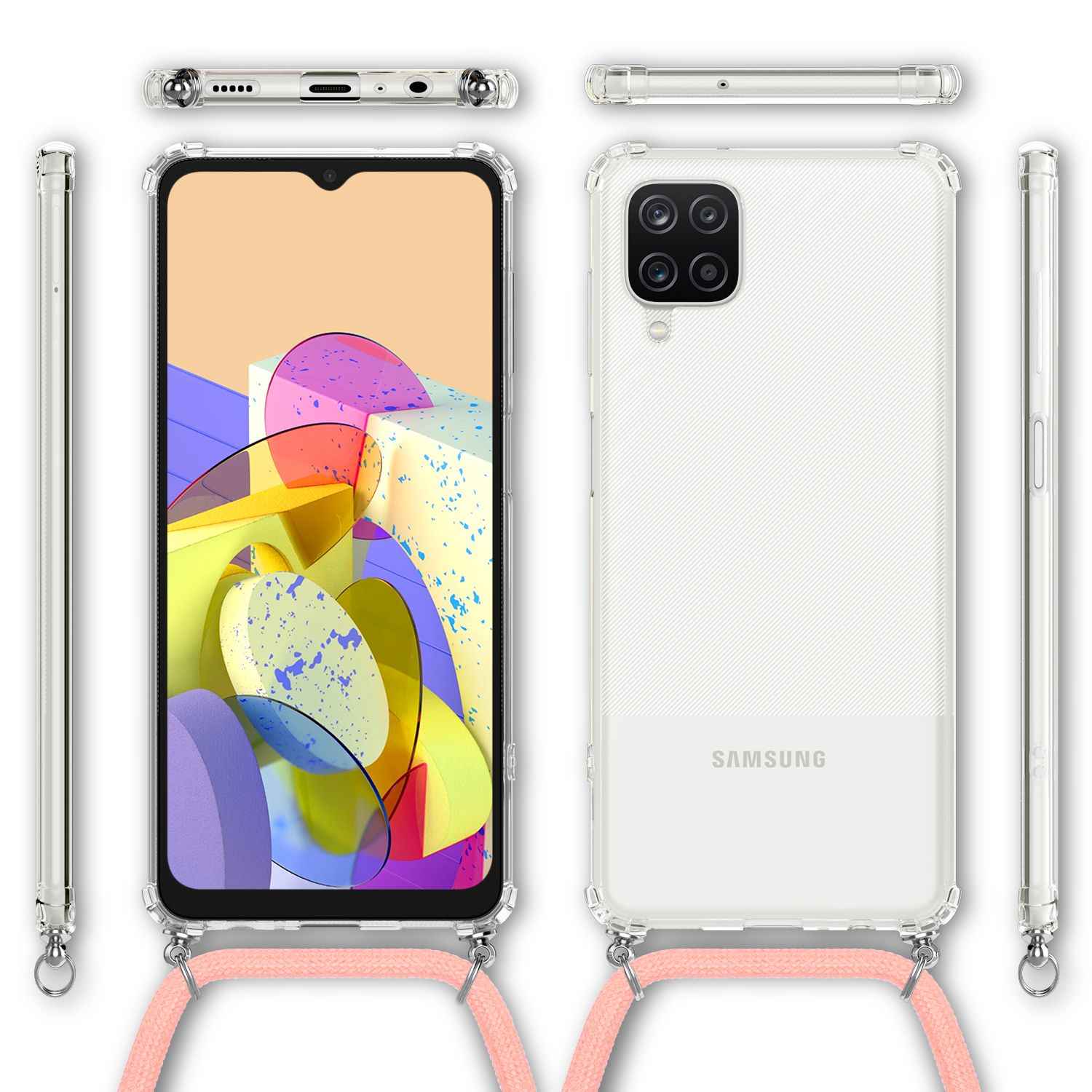 NALIA Klare Handy Hülle mit Kette für Samsung Galaxy A12, Band Case Schnur Cover