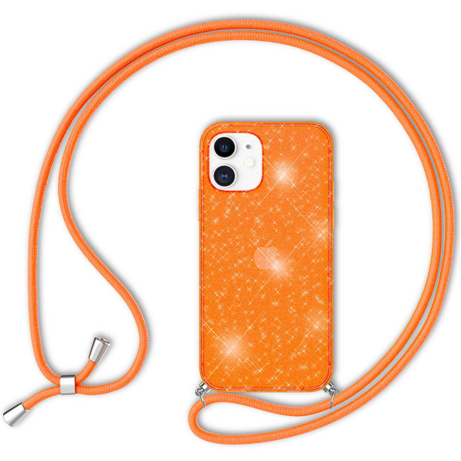 NALIA Glitzer Hülle mit Kette für iPhone 12 mini, Glitter Case Kordel Bling Etui