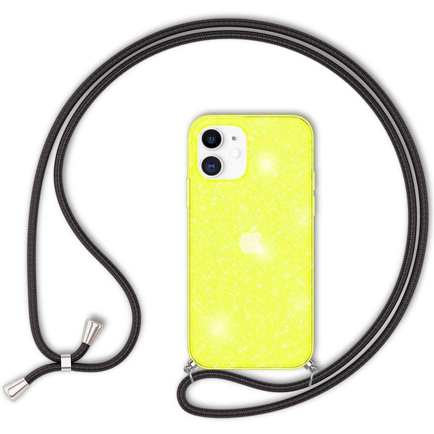 NALIA Glitzer Hülle mit Kette für iPhone 12 mini, Glitter Case Kordel Bling Etui