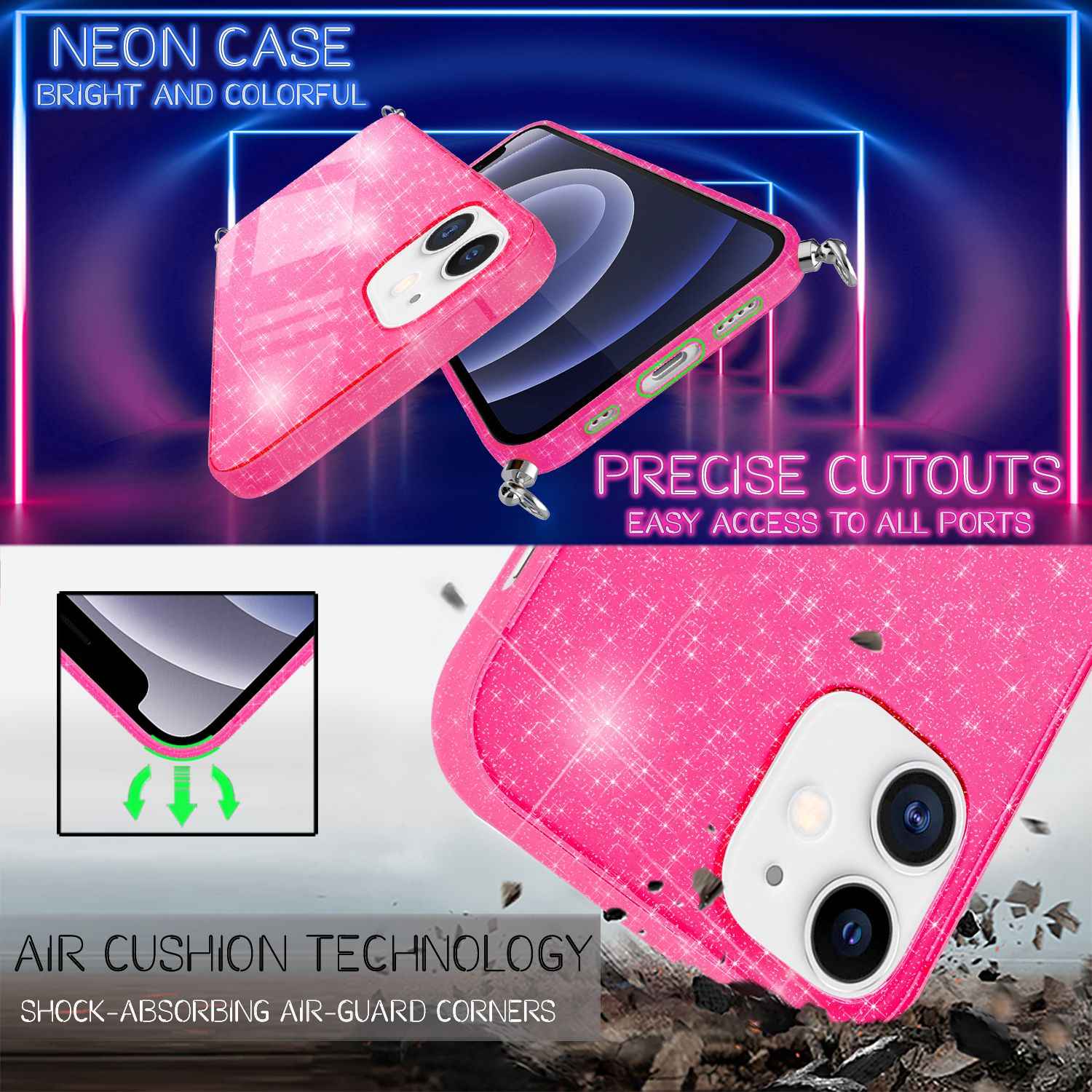 NALIA Glitzer Hülle mit Kette für iPhone 12 mini, Glitter Case Kordel Bling Etui