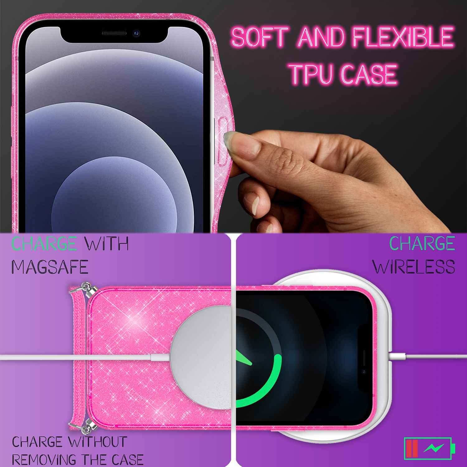 NALIA Glitzer Hülle mit Kette für iPhone 12 mini, Glitter Case Kordel Bling Etui