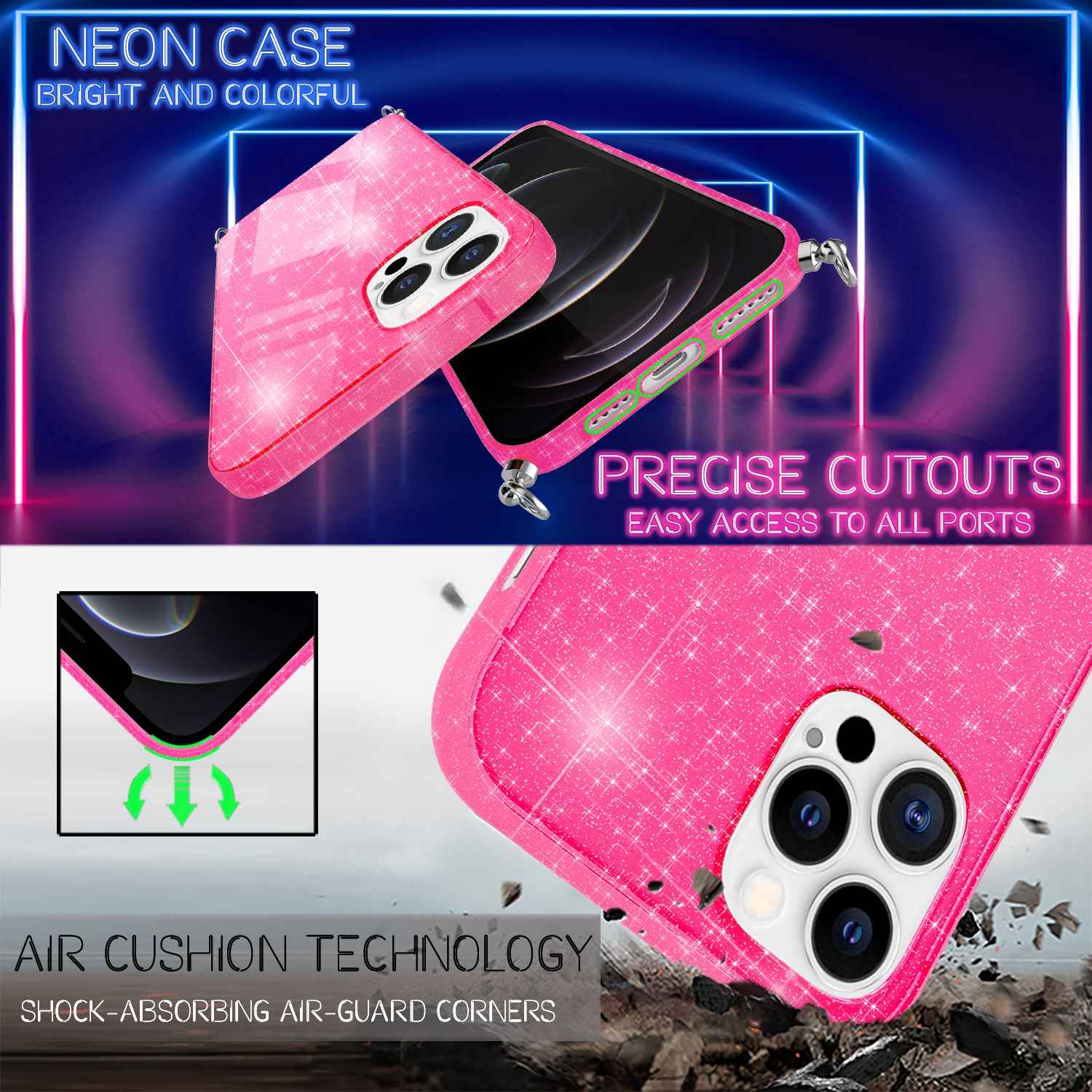 NALIA Glitzer Hülle mit Kette für iPhone 12 Pro Max, Glitter Case Kordel Cover