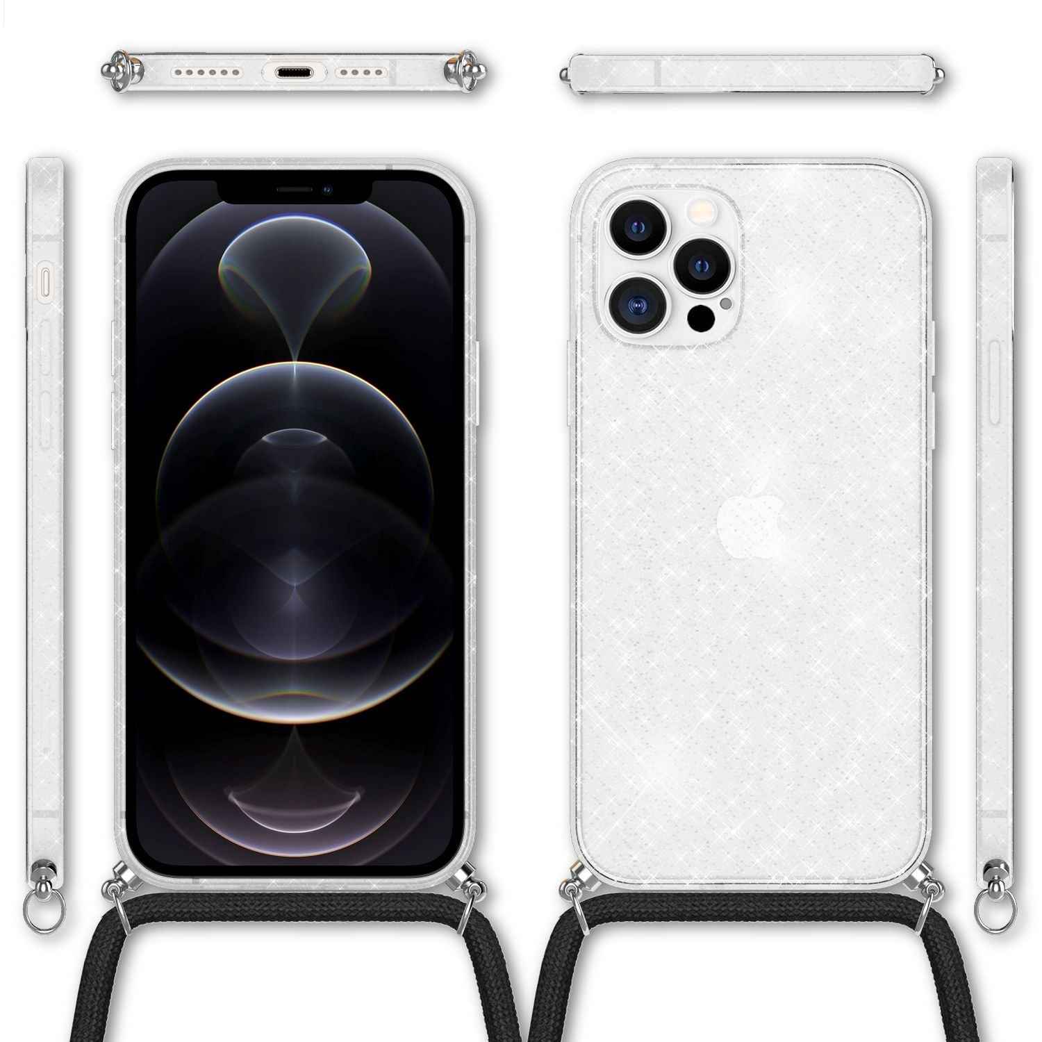 NALIA Glitzer Hülle mit Kette für iPhone 12 Pro Max, Glitter Case Kordel Cover