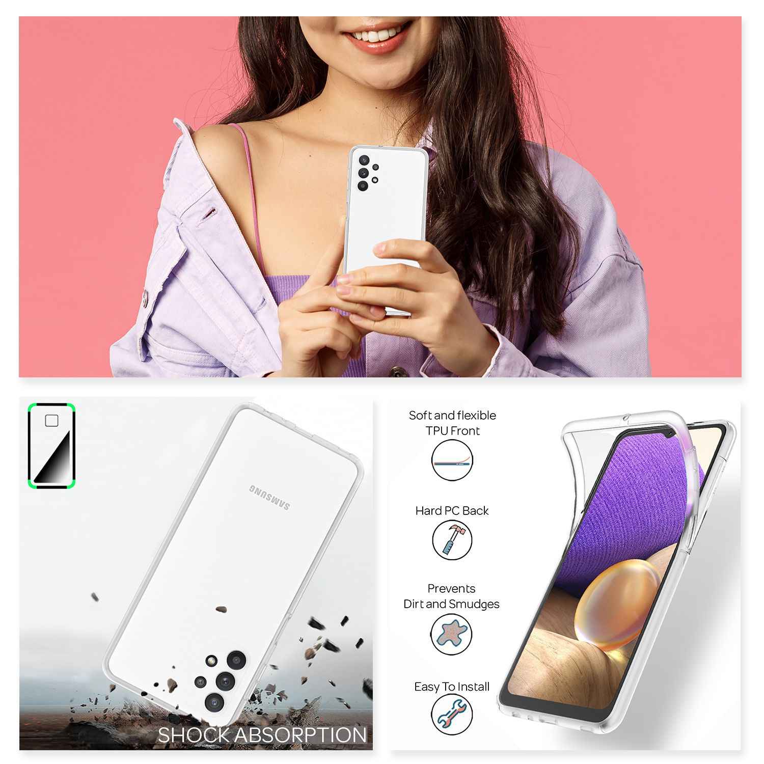 NALIA 360 Grad Handy Hülle für Samsung Galaxy A32 5G, Transparente Schutz Cover