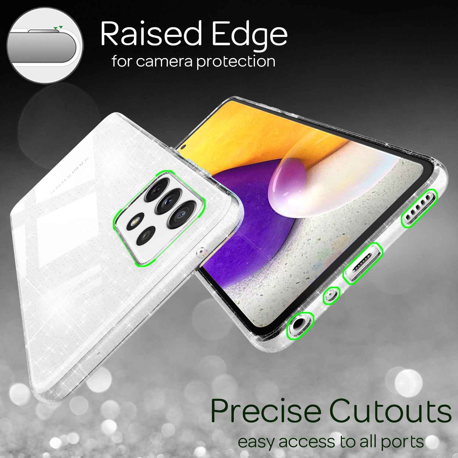 NALIA Glitzer Handy Hülle für Samsung Galaxy A72, Transparent Silikon Case Cover