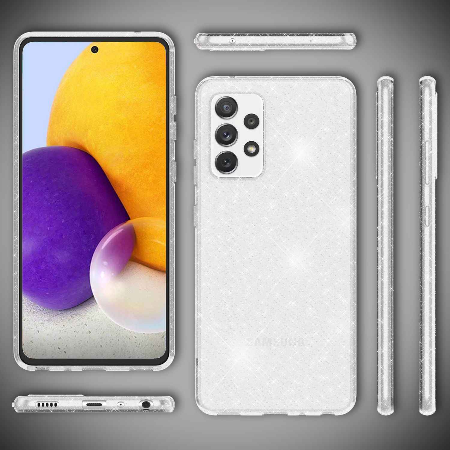NALIA Glitzer Handy Hülle für Samsung Galaxy A72, Transparent Silikon Case Cover