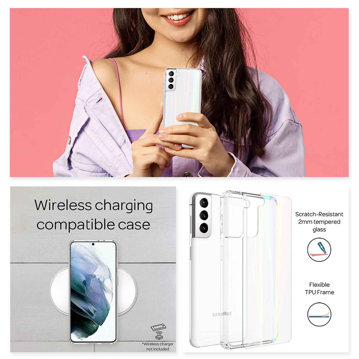 NALIA Hartglas Case für Samsung Galaxy S21, Transparent Regenbogen Case Cover