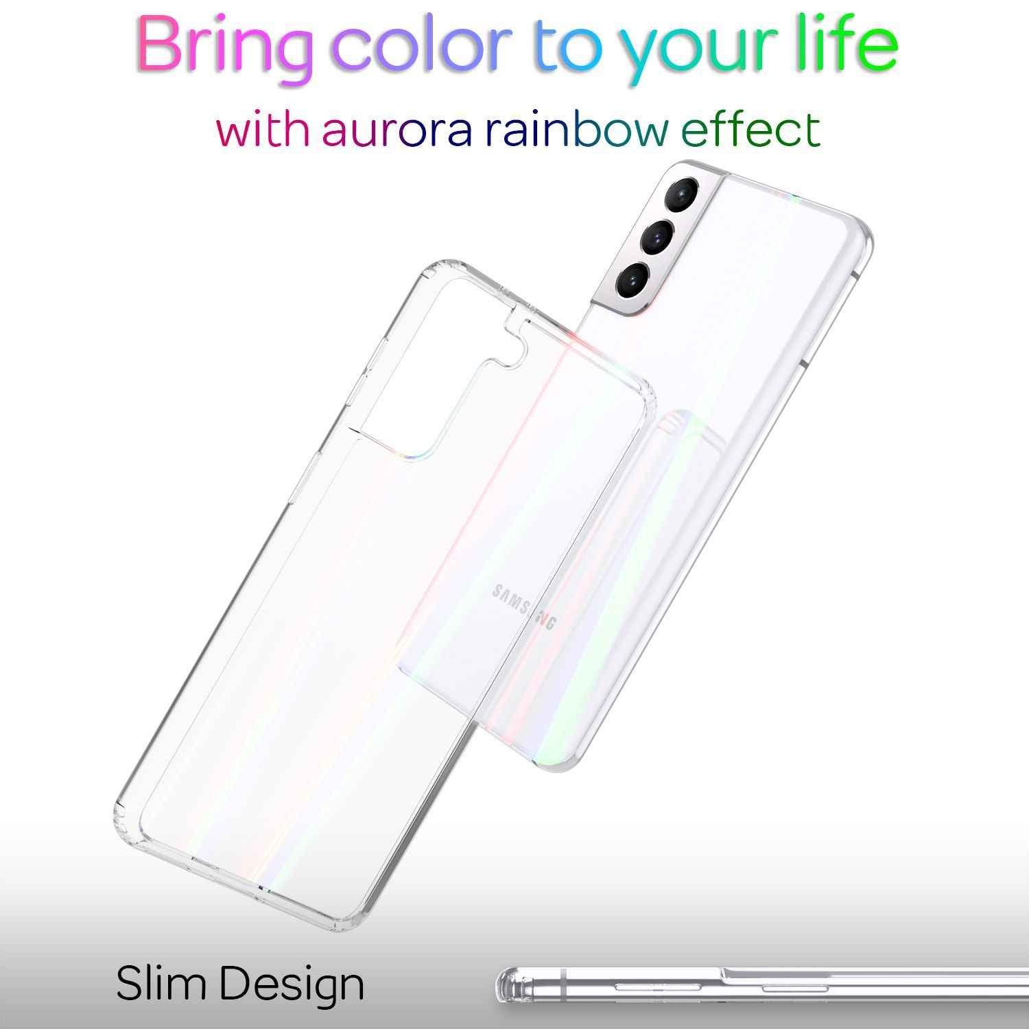 NALIA Hartglas Case für Samsung Galaxy S21+, Transparent Regenbogen Cover Case