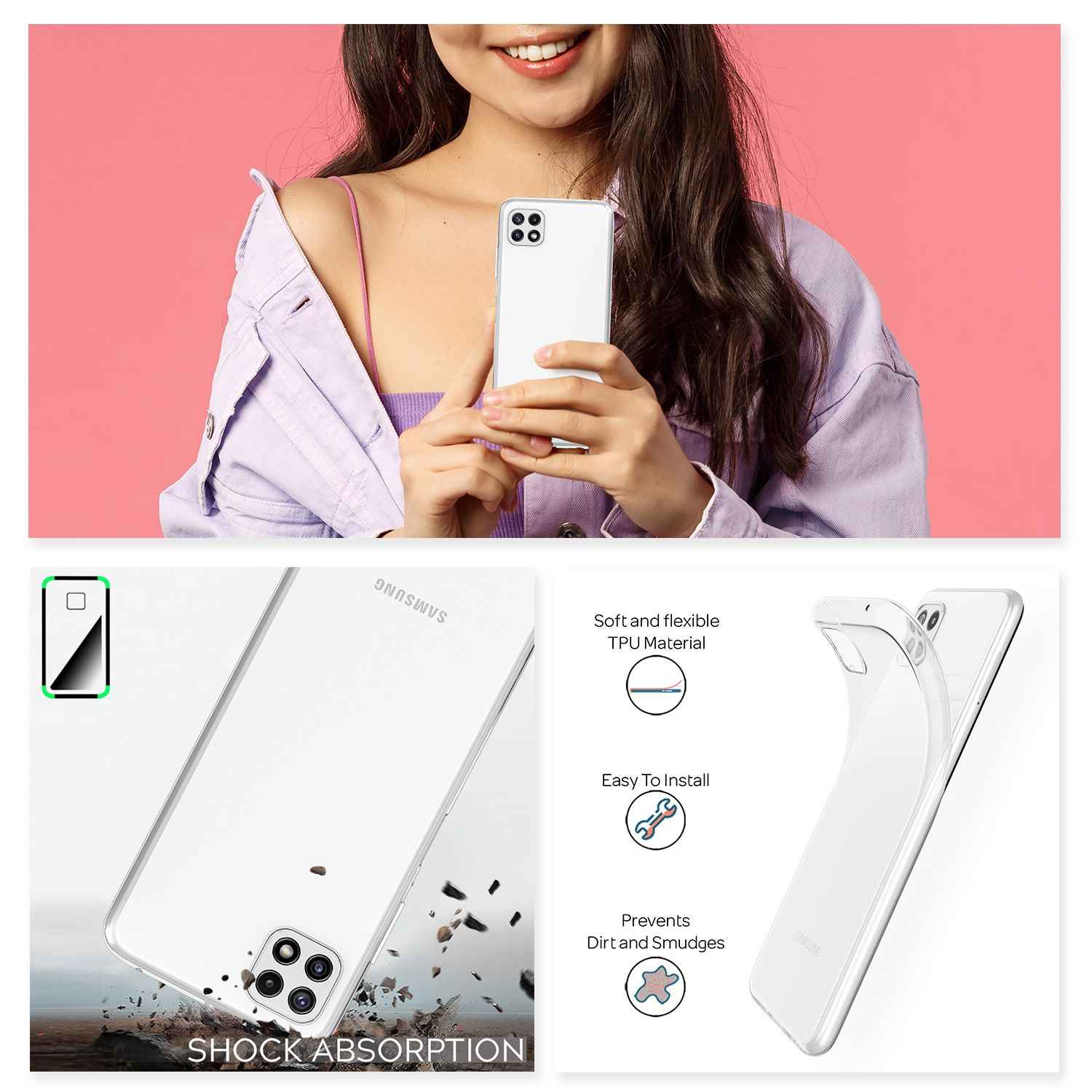 NALIA Silikon Handy Hülle für Samsung Galaxy A22 5G, Transparent Cover Case Klar