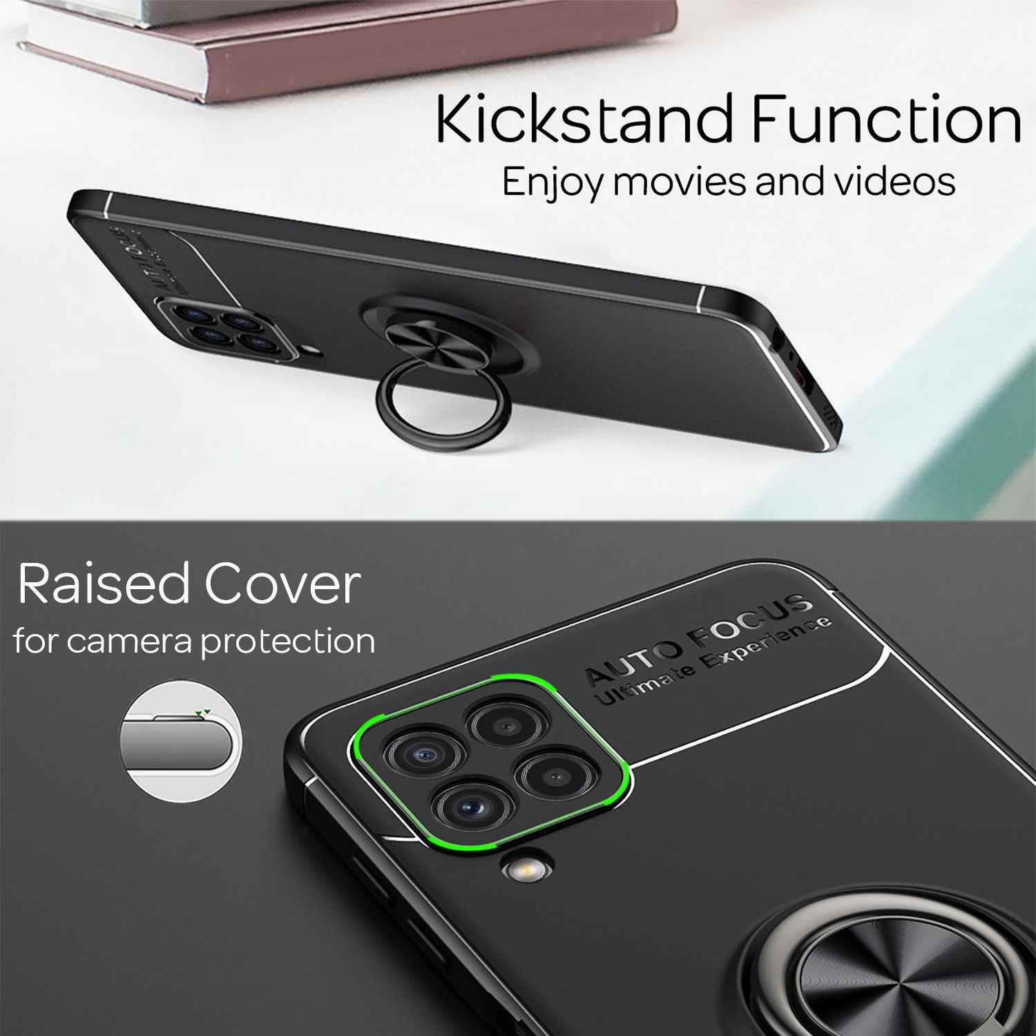 NALIA Matt-Schwarze Ringhülle für Samsung Galaxy A22, 360° Ring für Standfunktion
