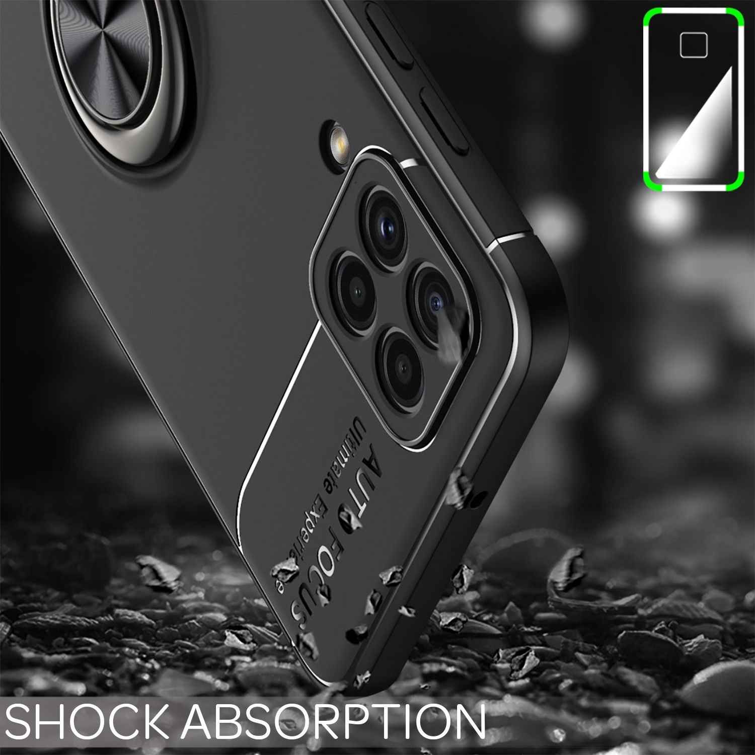 NALIA Matt-Schwarze Ringhülle für Samsung Galaxy A22, 360° Ring für Standfunktion