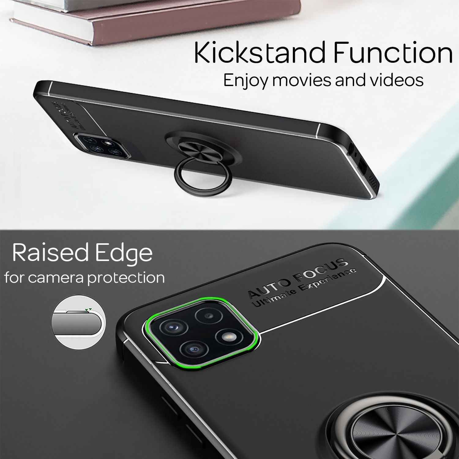 NALIA Matt-Schwarze Ringhülle für Samsung Galaxy A22 5G, 360° Ring Standfunktion