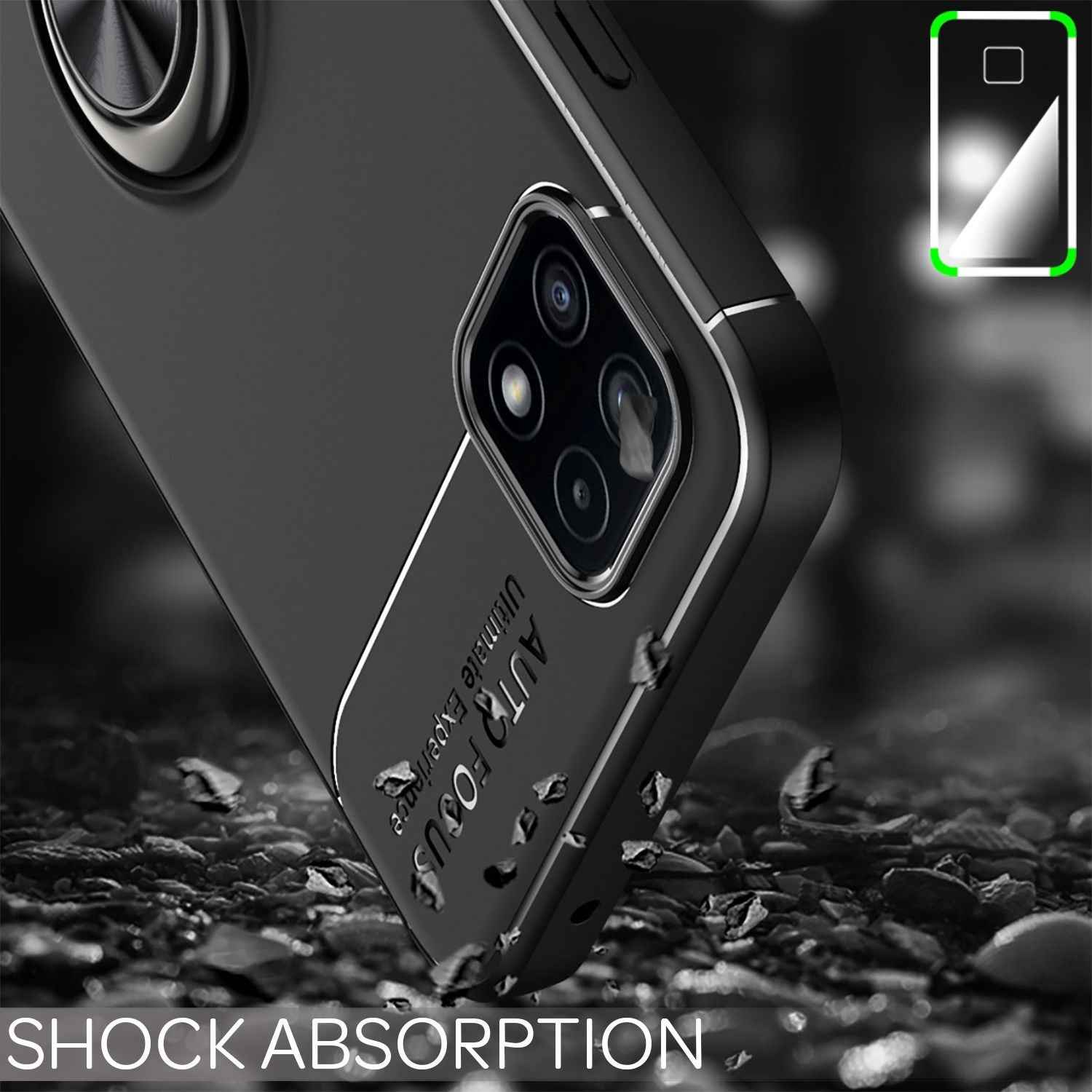 NALIA Matt-Schwarze Ringhülle für Samsung Galaxy A22 5G, 360° Ring Standfunktion