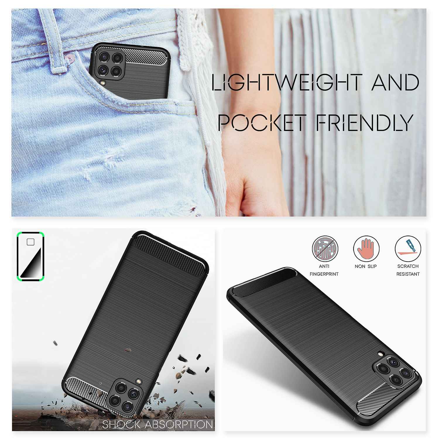 NALIA Carbon Look Case für Samsung Galaxy A22, Matt-Schwarze Silikonhülle Cover