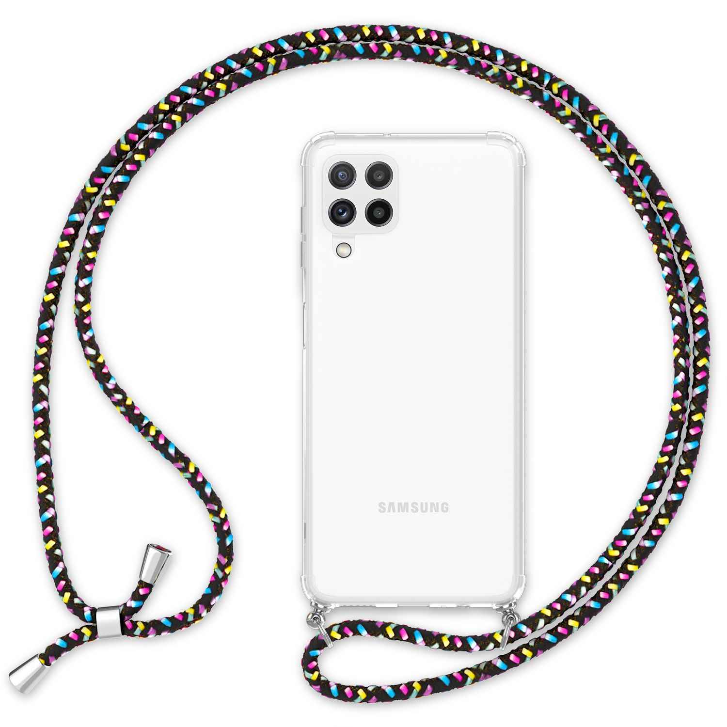 NALIA Handyhülle mit Kette für Samsung Galaxy A22, Transparente Schutzhülle & Handy-Schnur, Robust Vergilbungsfrei Klar