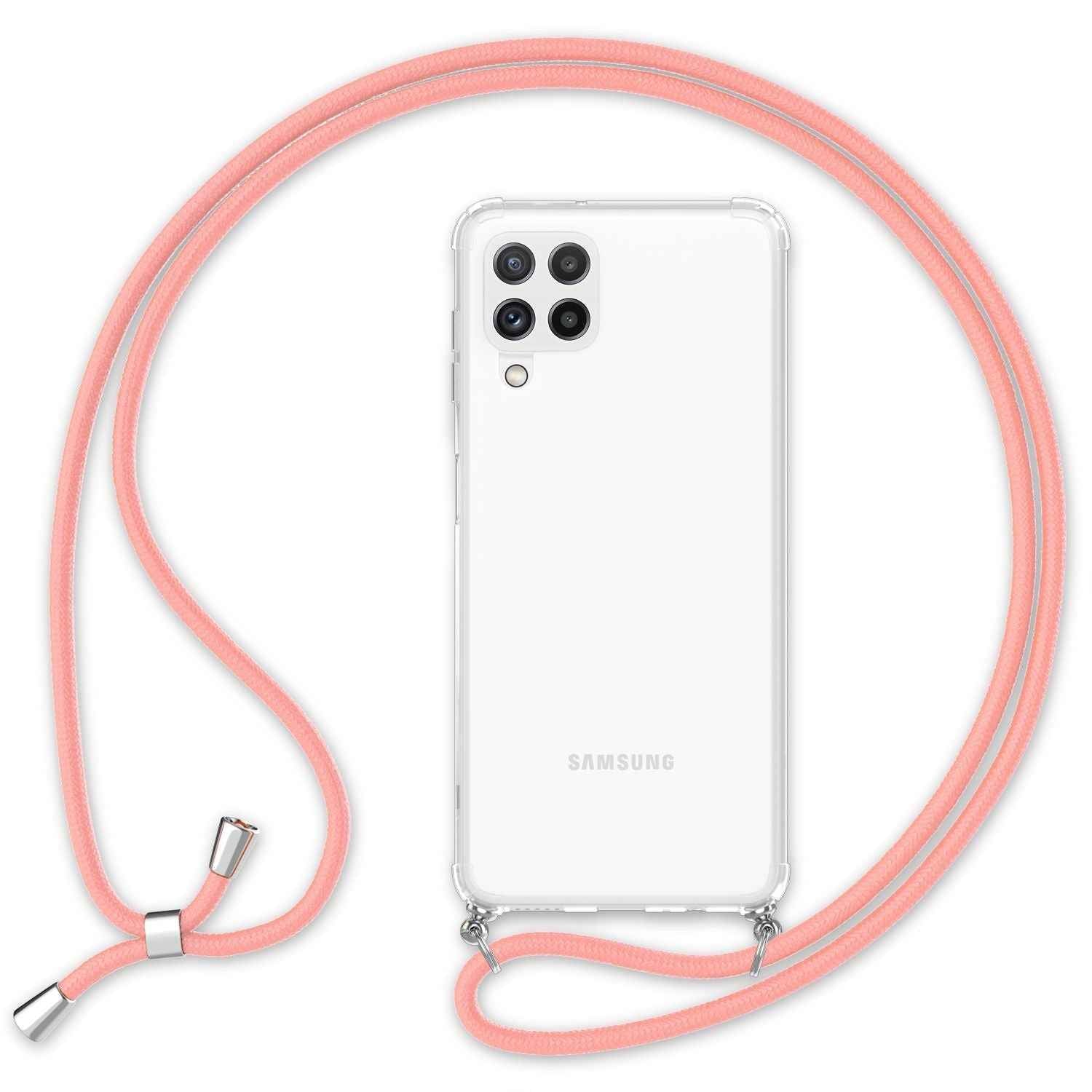 NALIA Handyhülle mit Kette für Samsung Galaxy A22, Transparente Schutzhülle & Handy-Schnur, Robust Vergilbungsfrei Klar