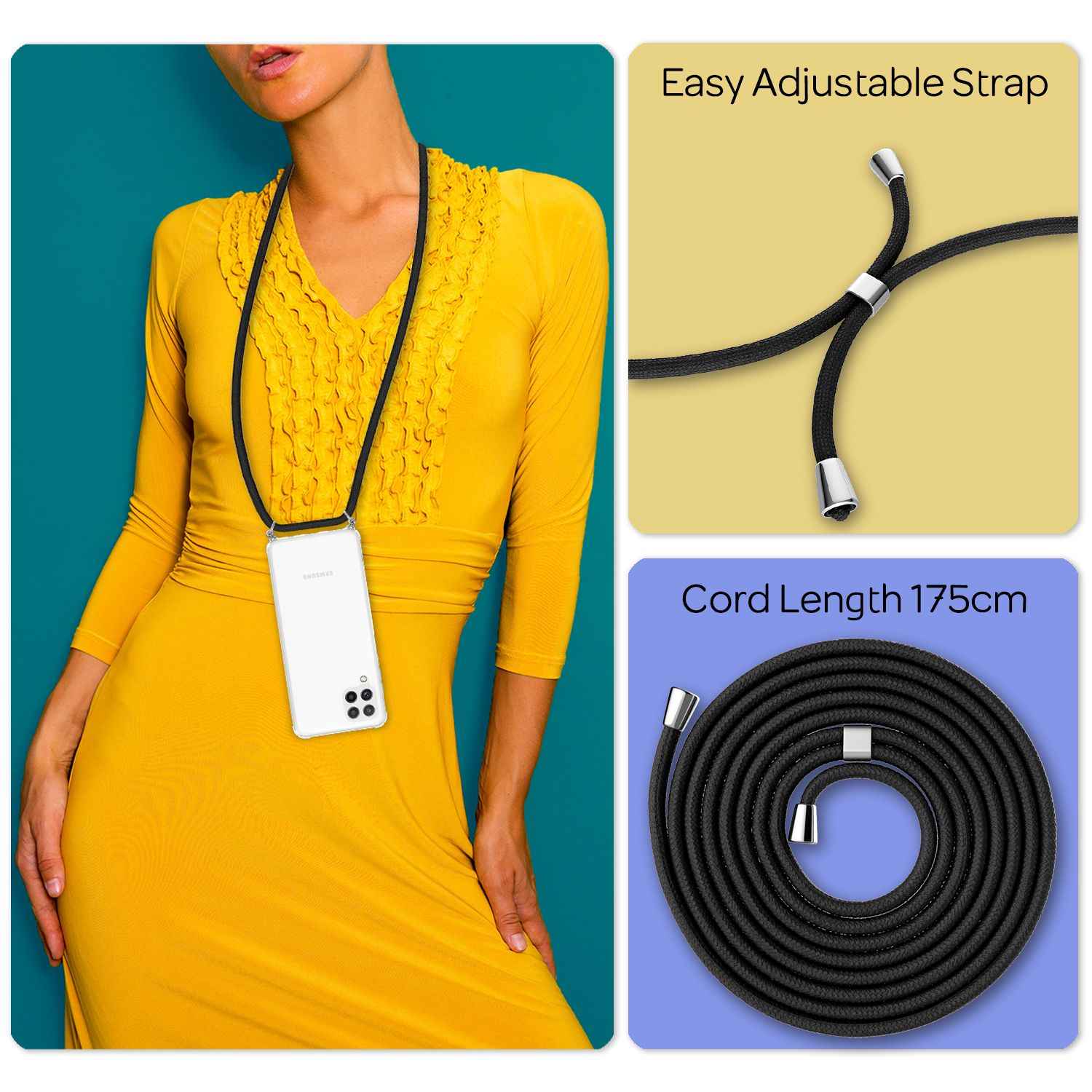 NALIA Handyhülle mit Kette für Samsung Galaxy A22, Transparente Schutzhülle & Handy-Schnur, Robust Vergilbungsfrei Klar